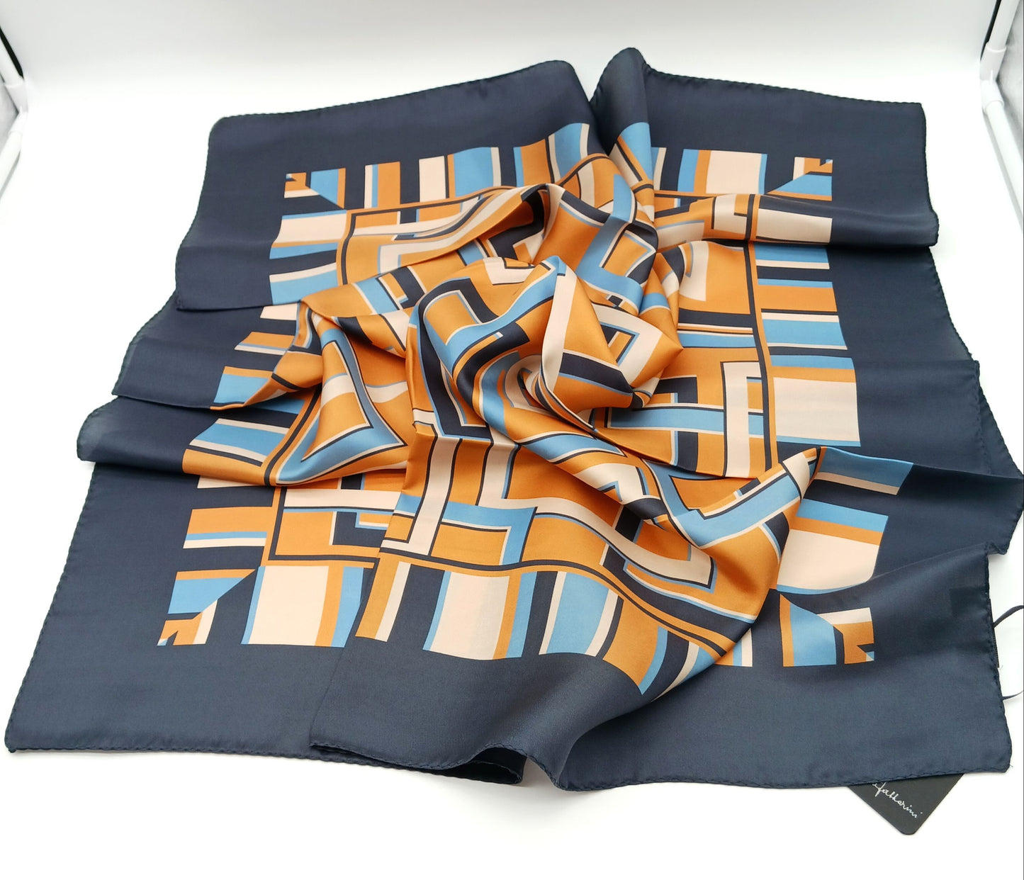 Geometrical Squares Silk Twill Square Scarf 35x35 – Made In Italy - Orange & Blue