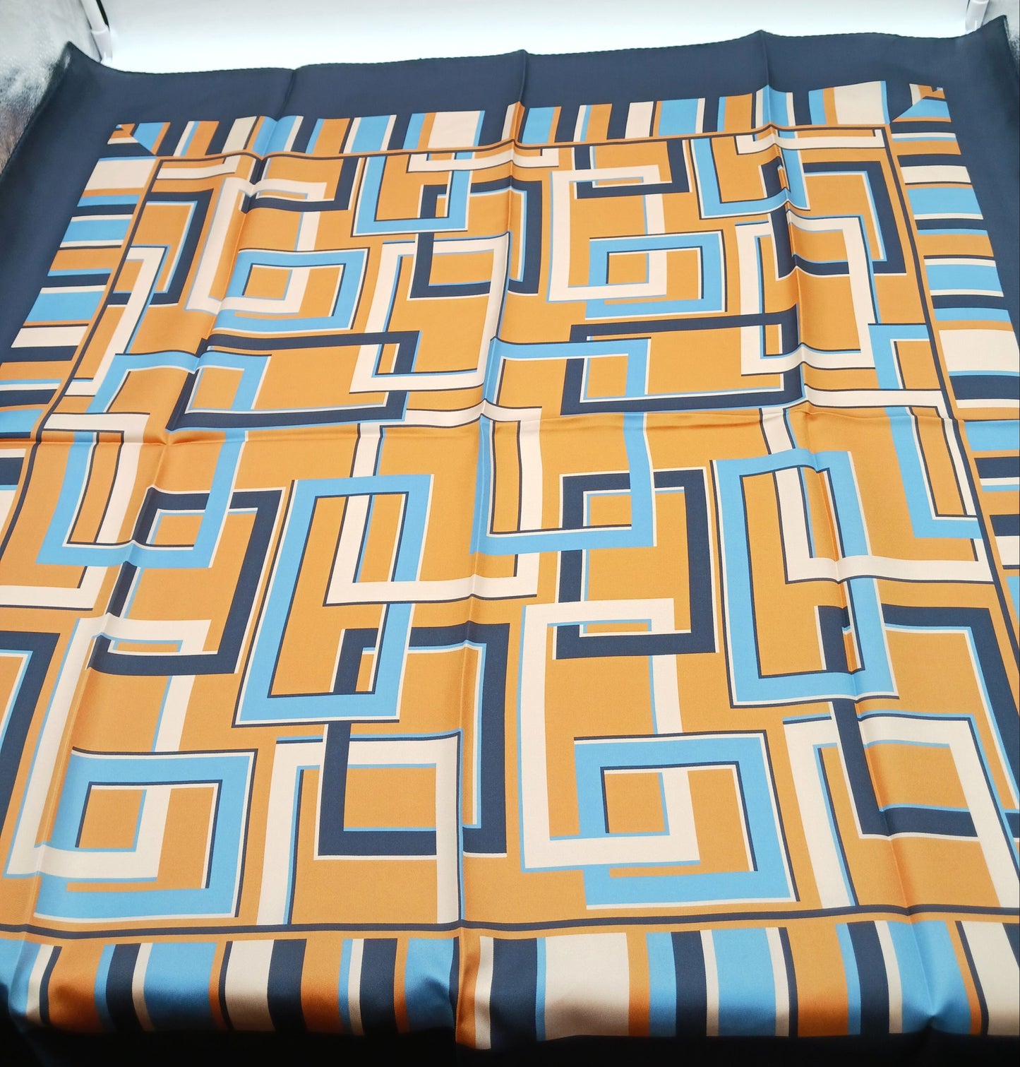 Geometrical Squares Silk Twill Square Scarf 35x35 – Made In Italy - Orange & Blue