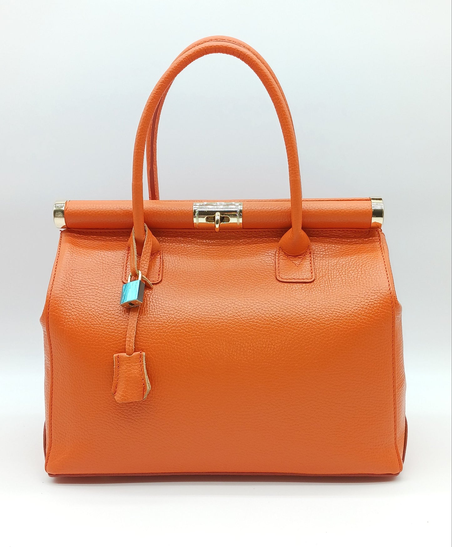 Lock & Key Genuine (Treated) Pebble Leather Handbag Satchel - Orange – Made In Italy
