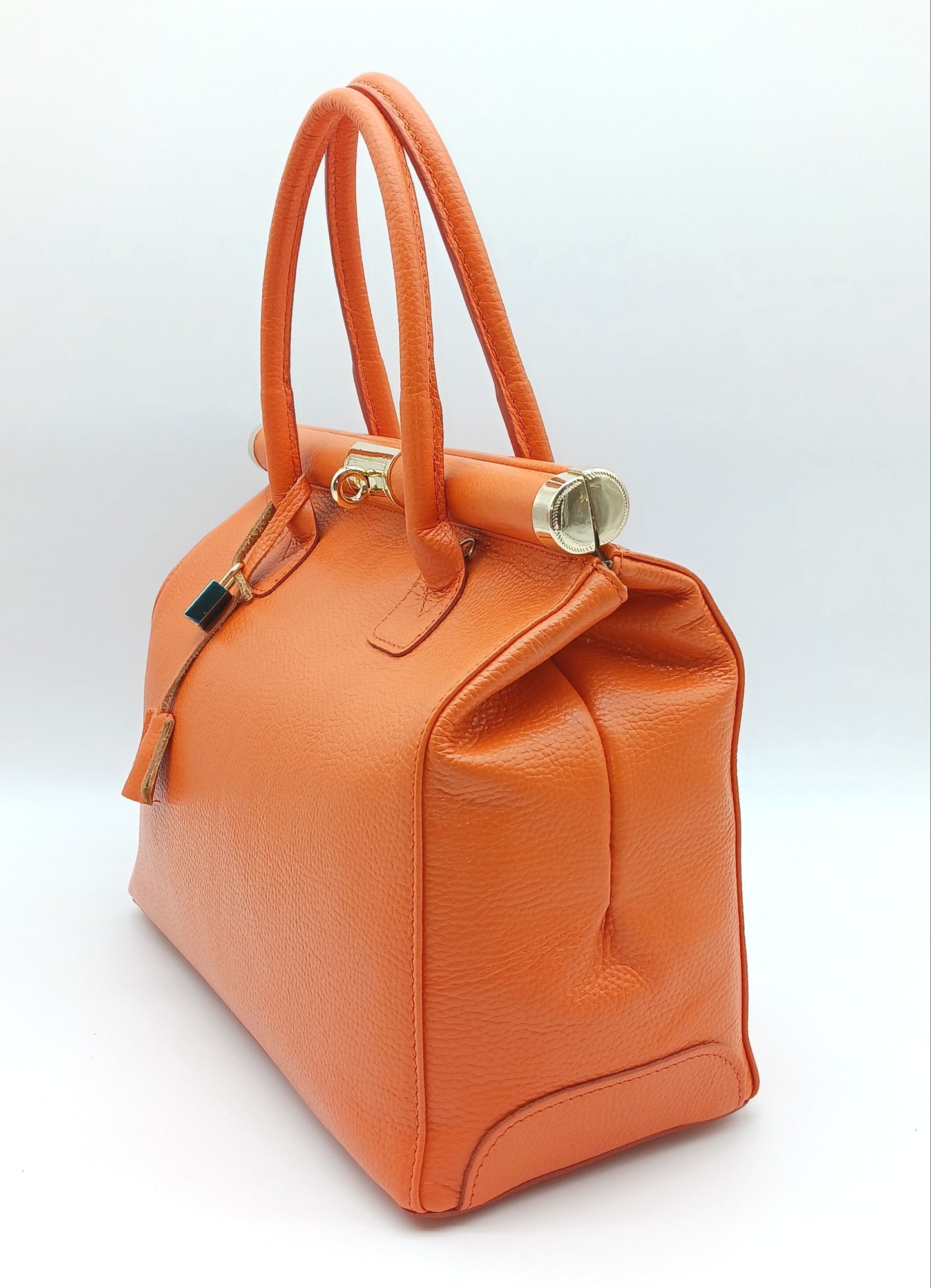 Lock & Key Genuine (Treated) Pebble Leather Handbag Satchel - Orange – Made In Italy