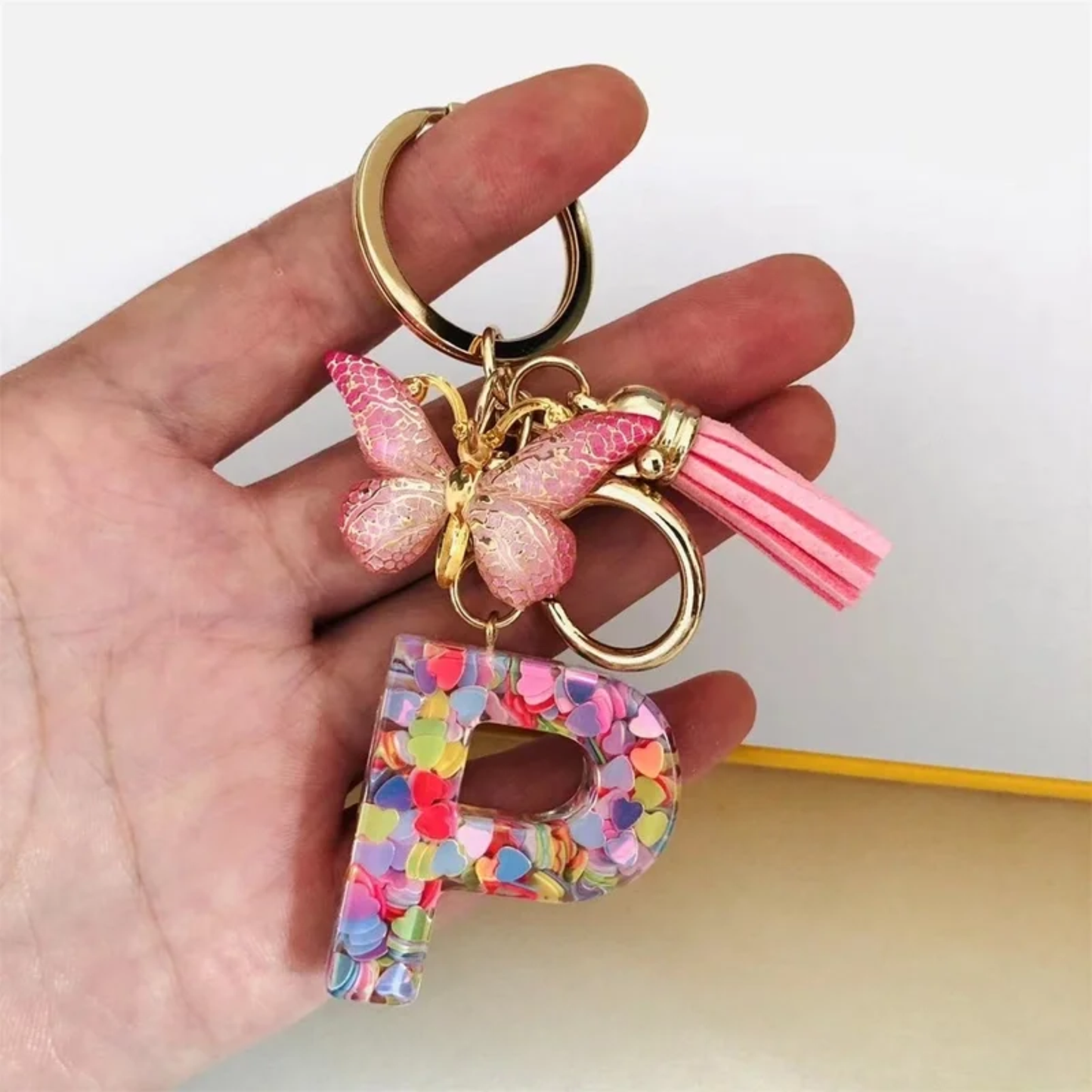 Pink Personalized Resin Alphabet Initial Tassel Butterfly Keychain Bag Charm