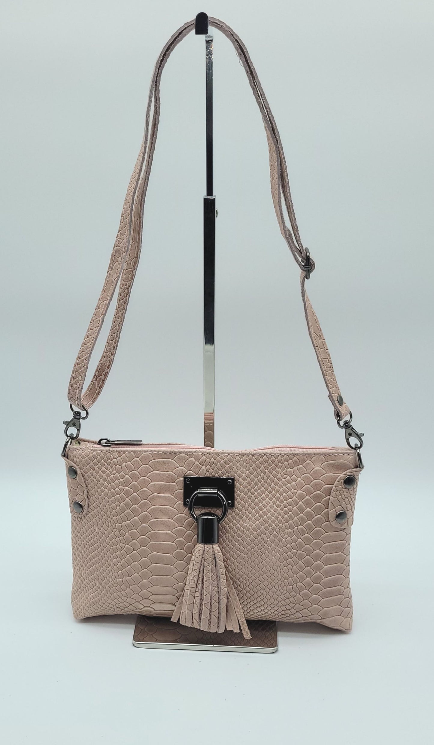 Snake Embossed Genuine Leather Crossbody Handbag - Pink – Made In Italy