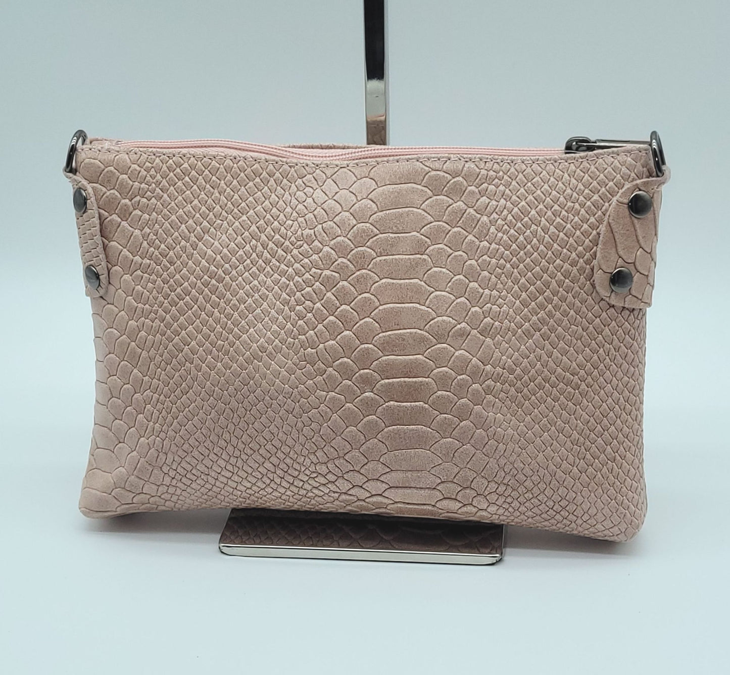 Snake Embossed Genuine Leather Crossbody Handbag - Pink – Made In Italy