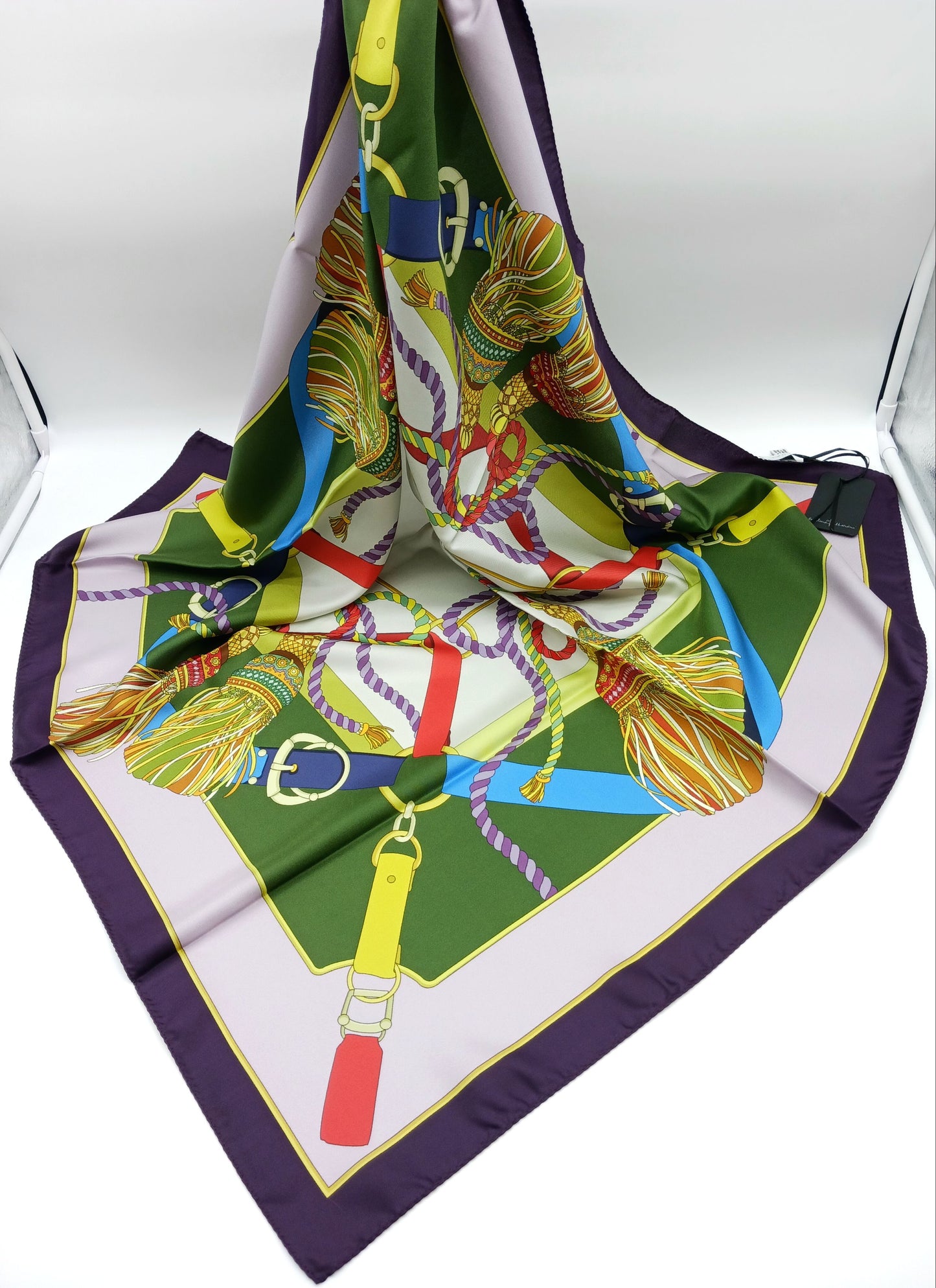 Tassel Buckle Design Silk Twill Square Scarf 35x35 – Made In Italy – Purple