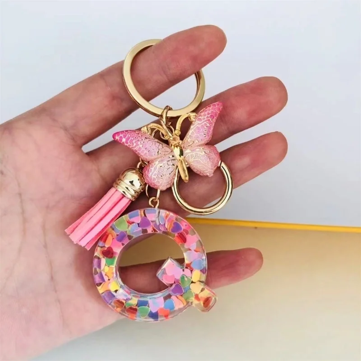 Pink Personalized Resin Alphabet Initial Tassel Butterfly Keychain Bag Charm