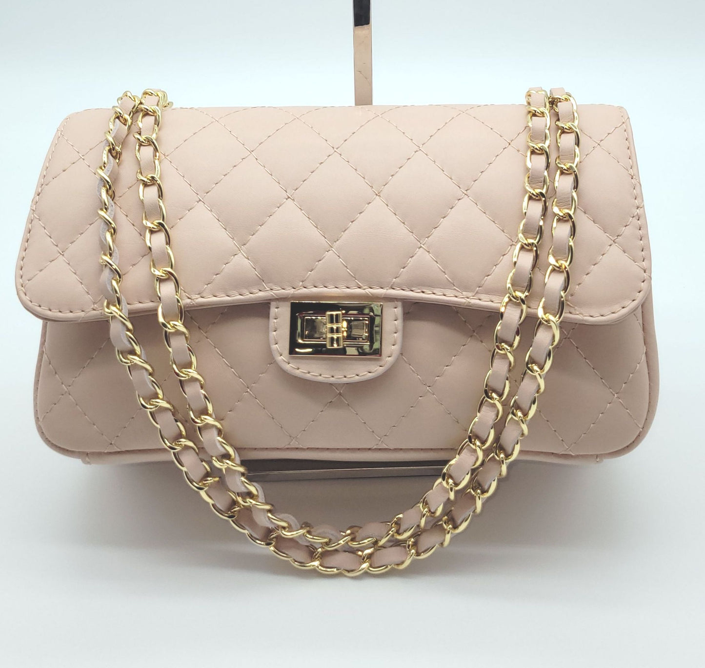 Genuine Leather Quilted Handbag (Medium) – Made In Italy - Blush Pink