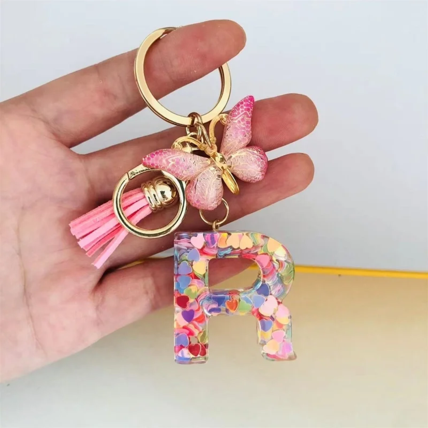 Pink Personalized Resin Alphabet Initial Tassel Butterfly Keychain Bag Charm