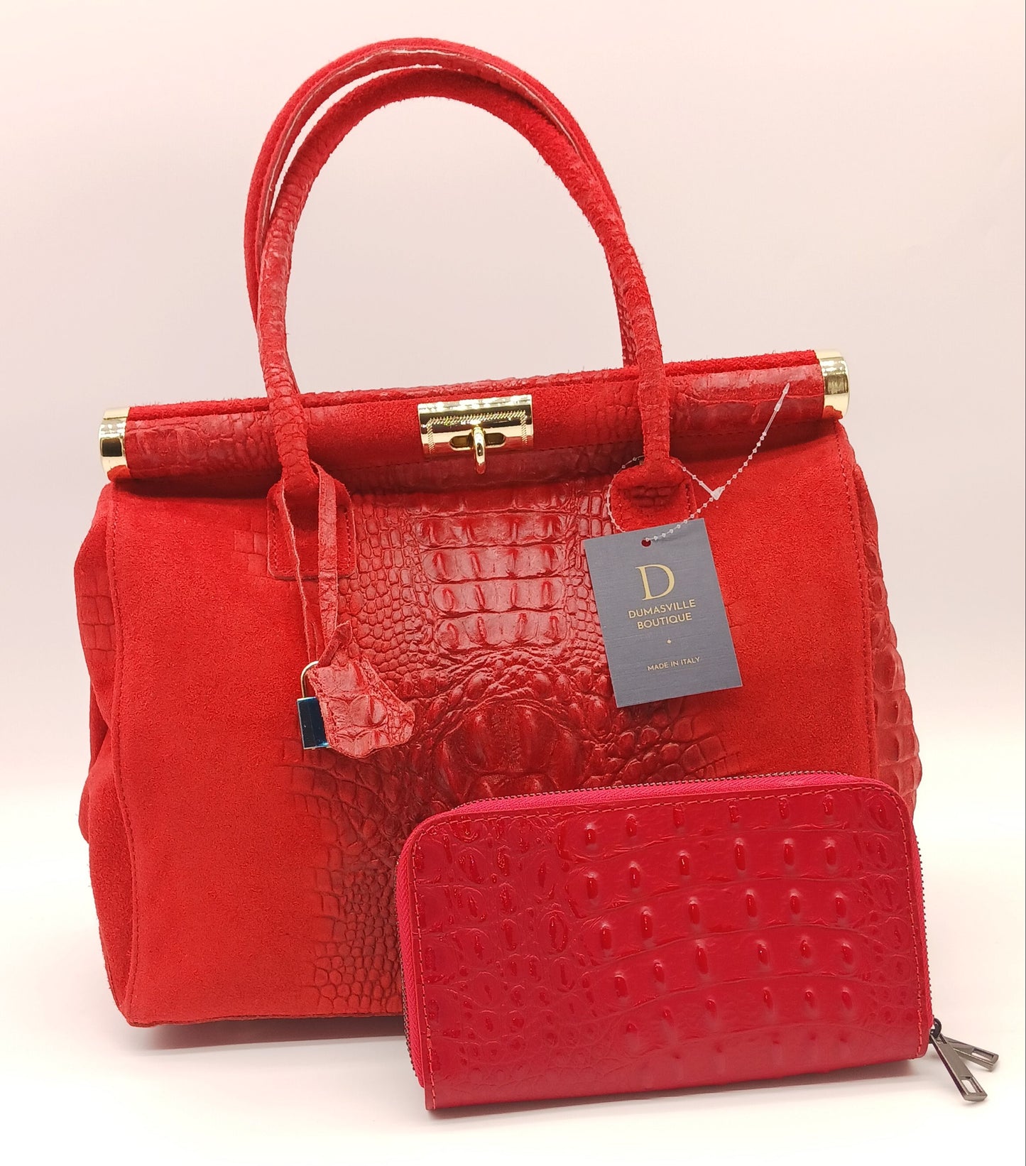 Genuine Croc Embossed Leather Double Zip Wallet – Made In Italy - Red
