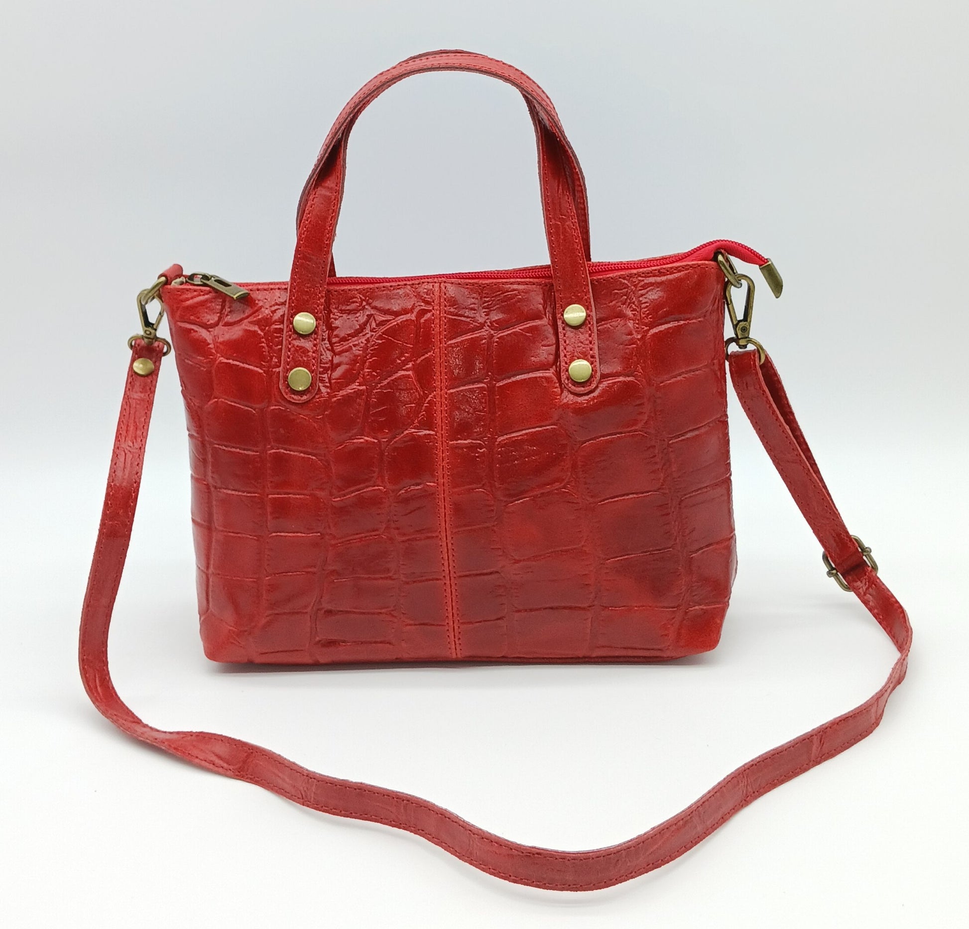 Genuine Croc Embossed Leather Handbag Satchel - Red – Made In Italy - DumasvilleBoutique