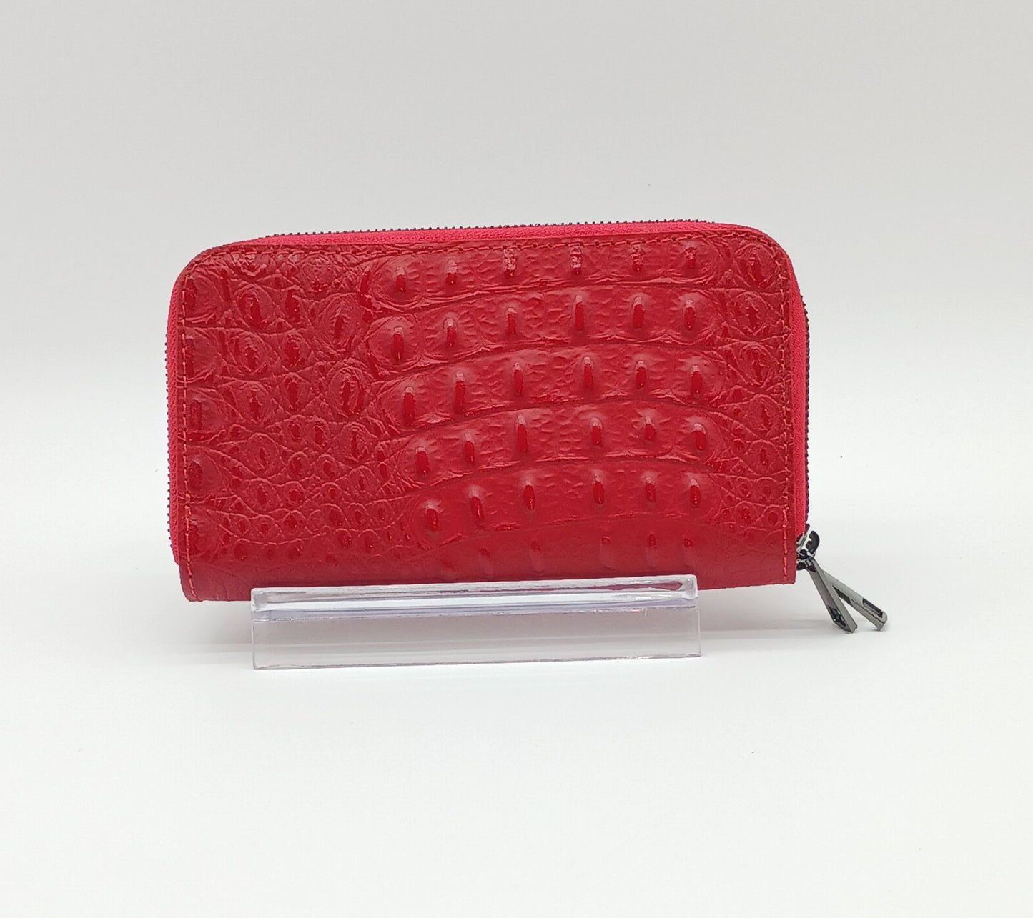 Genuine Croc Embossed Leather Double Zip Wallet – Made In Italy - Red