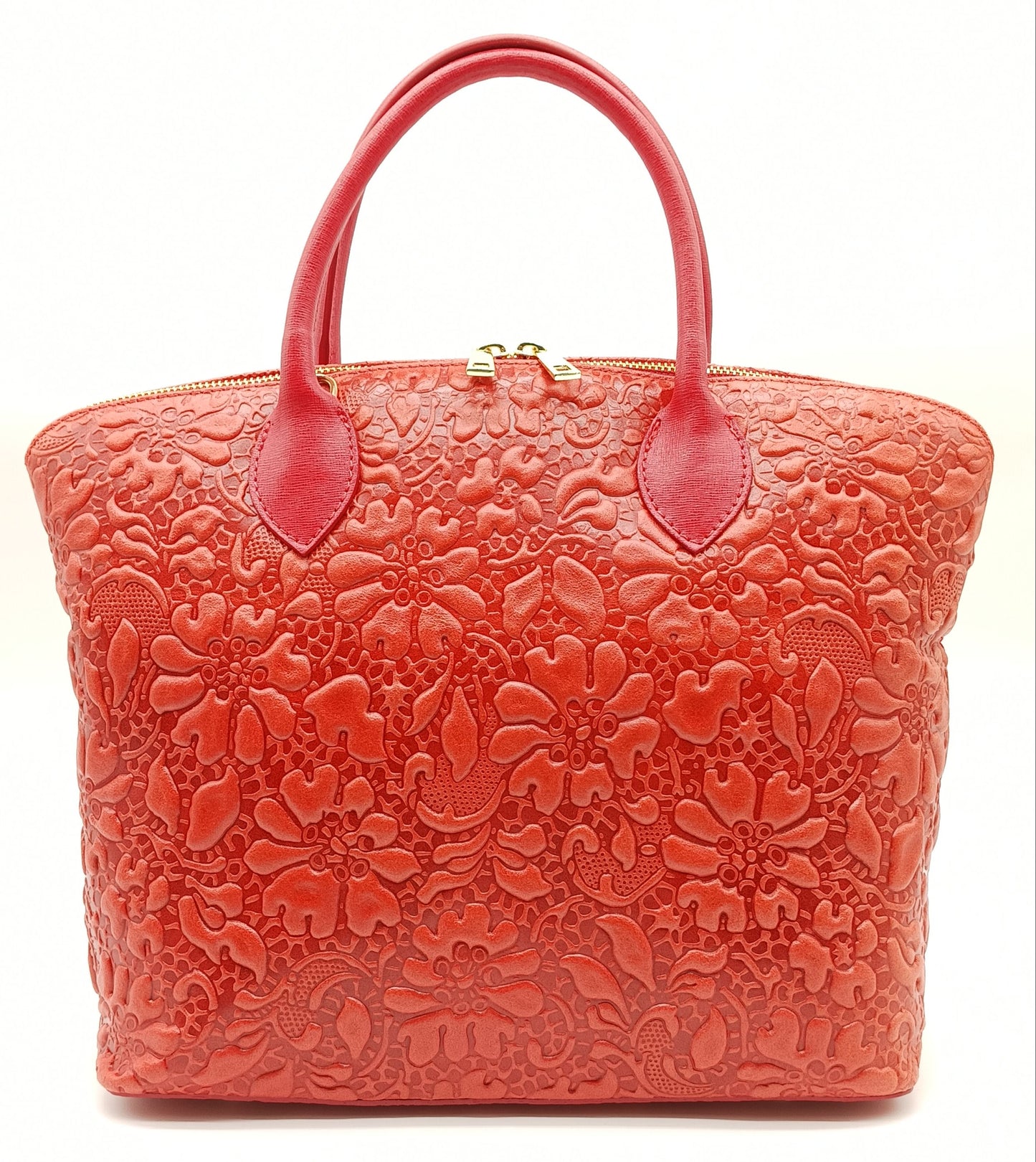 Red Genuine Leather Floral Embossed Handbag Satchel – Made In Italy