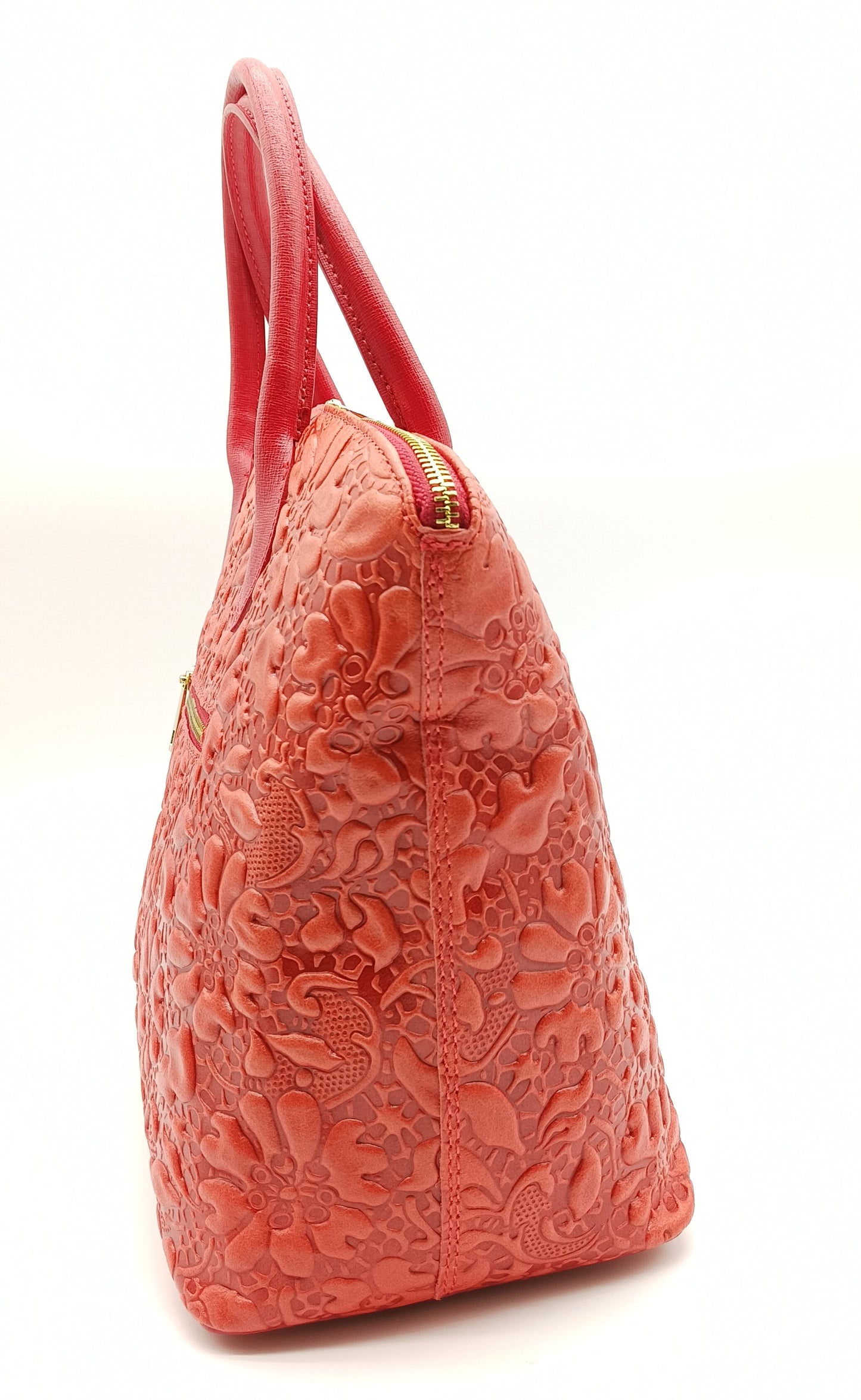 Red Genuine Leather Floral Embossed Handbag Satchel – Made In Italy