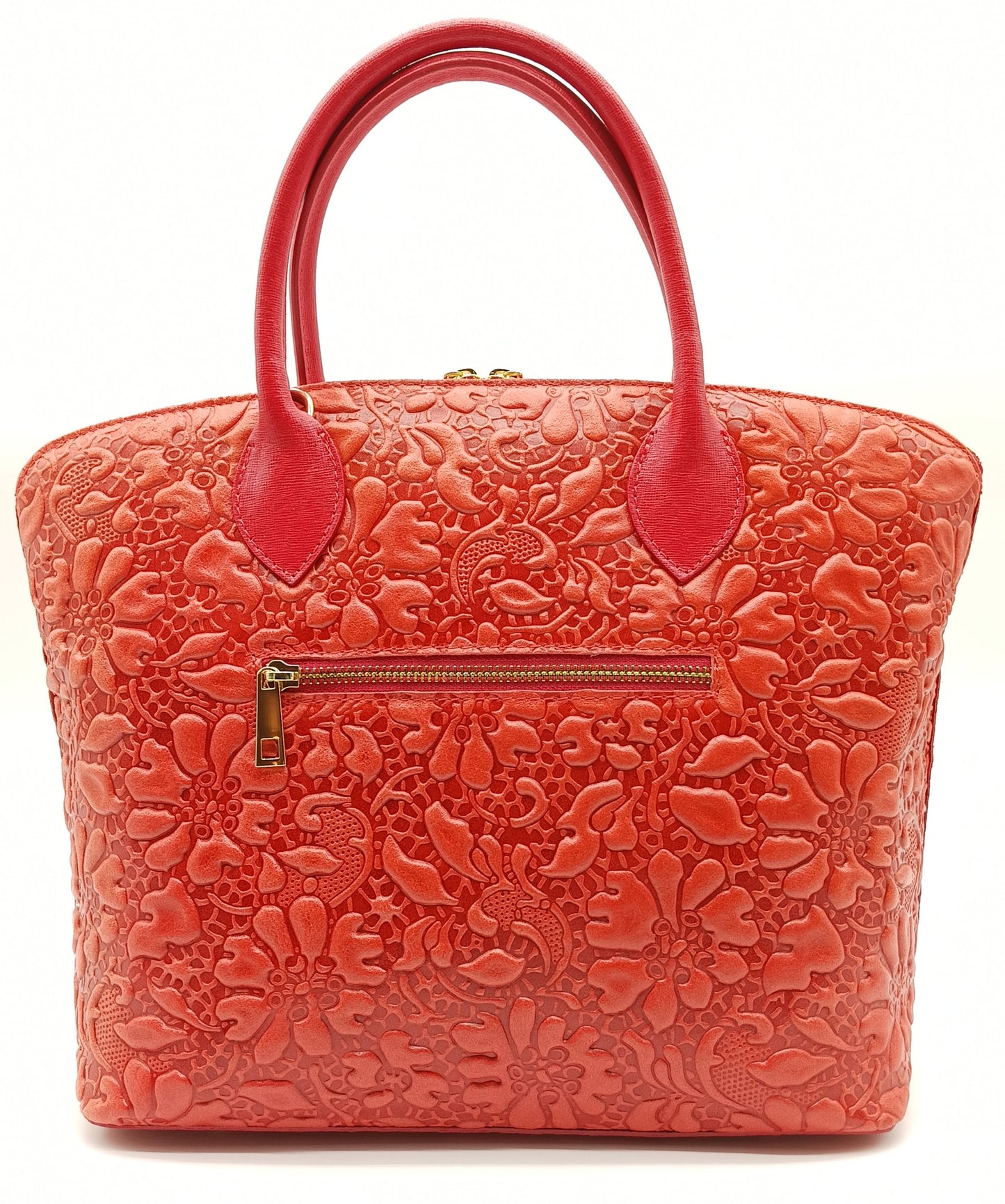 Red Genuine Leather Floral Embossed Handbag Satchel – Made In Italy