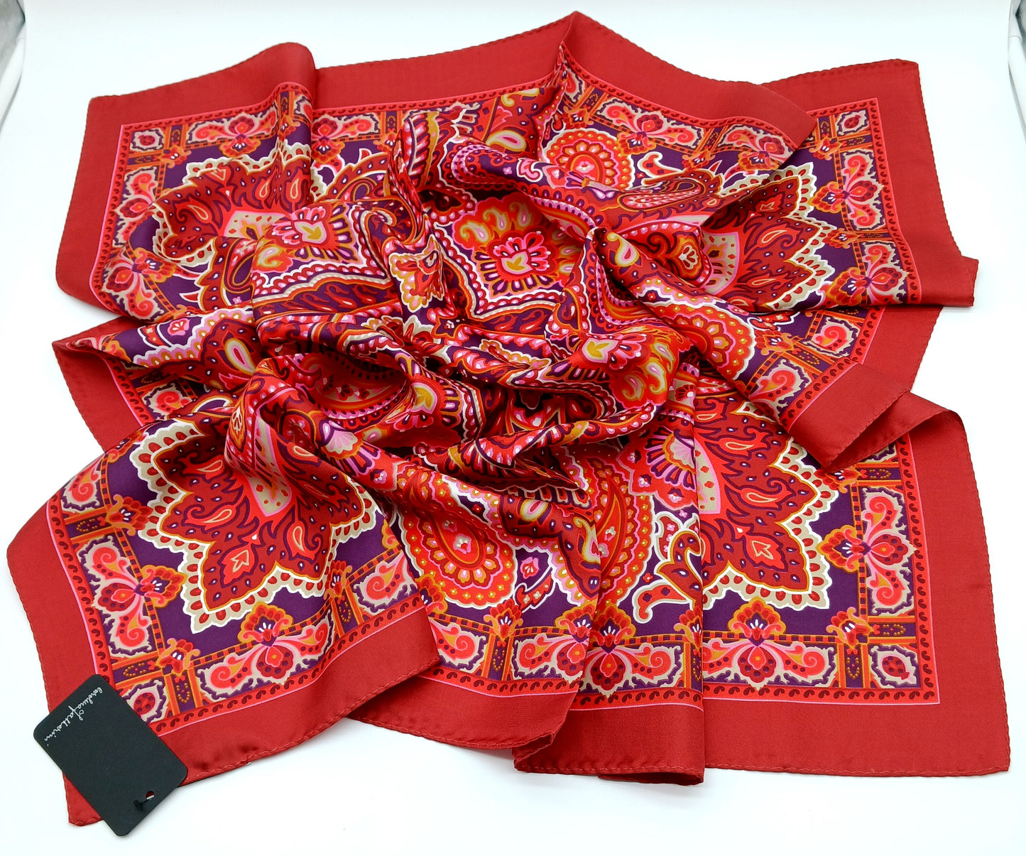 Designer Red Paisley Silk Twill Scarf 35x35 – Made In Italy - DumasvilleBoutique