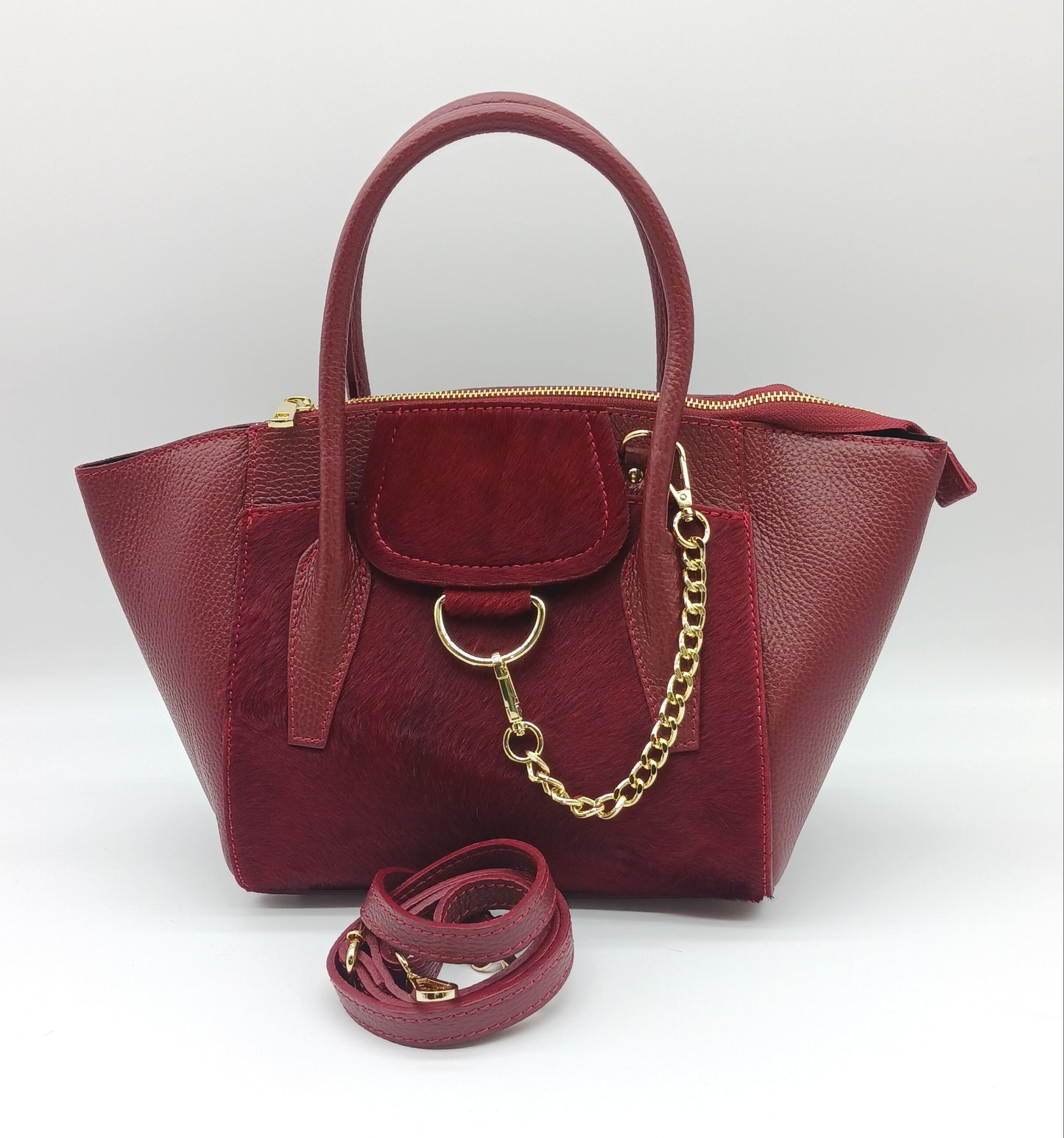 Red Genuine Leather Fur Satchel - Made In Italy