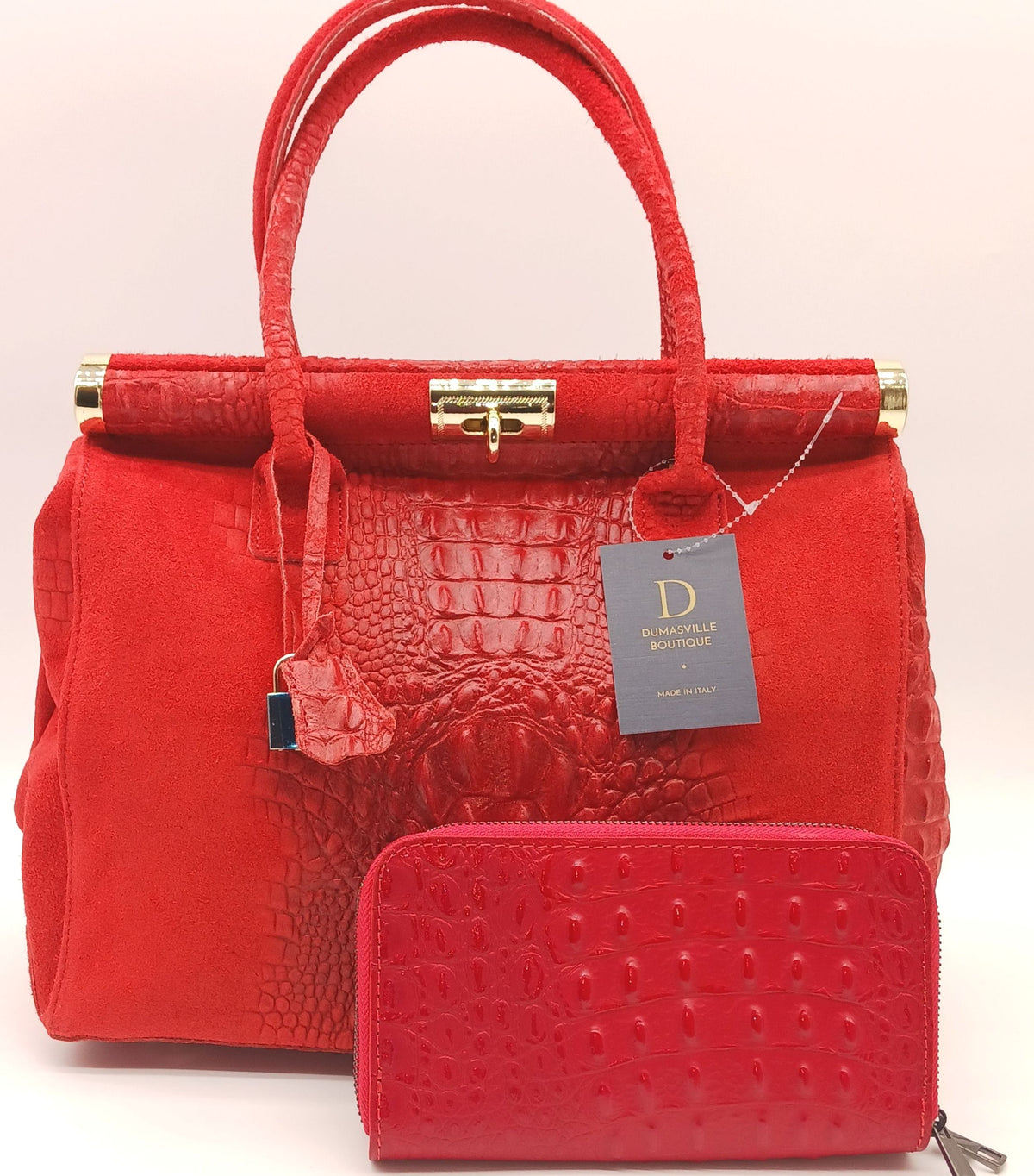 Genuine Croc Embossed Leather Double Zip Wallet – Made In Italy - Red