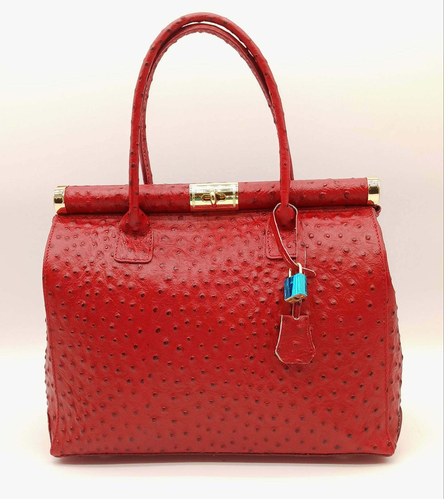 Lock & Key Genuine Ostrich Embossed Leather Handbag Satchel - Red – Made In Italy