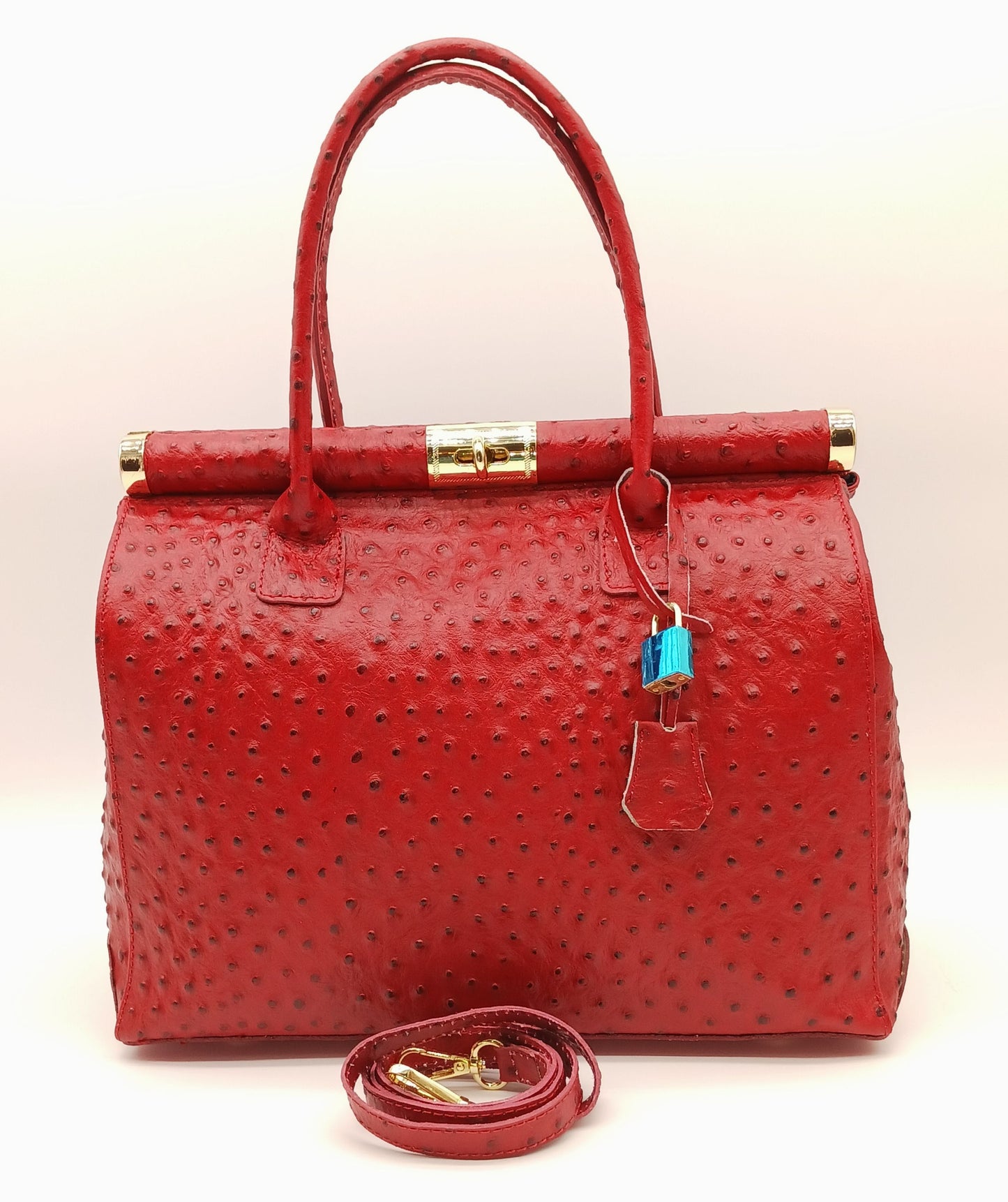 Lock & Key Genuine Ostrich Embossed Leather Handbag Satchel - Red – Made In Italy