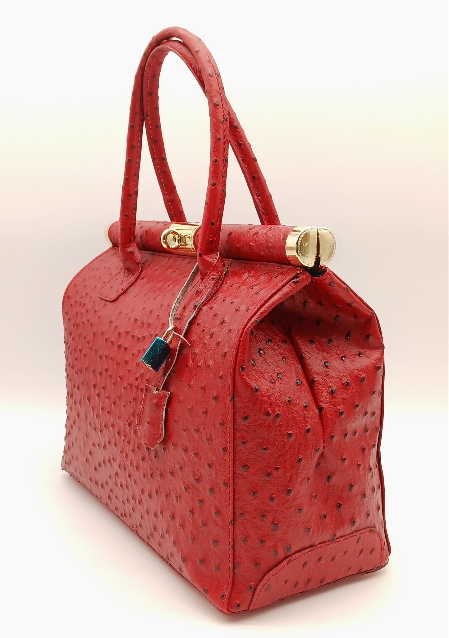 Lock & Key Genuine Ostrich Embossed Leather Handbag Satchel - Red – Made In Italy