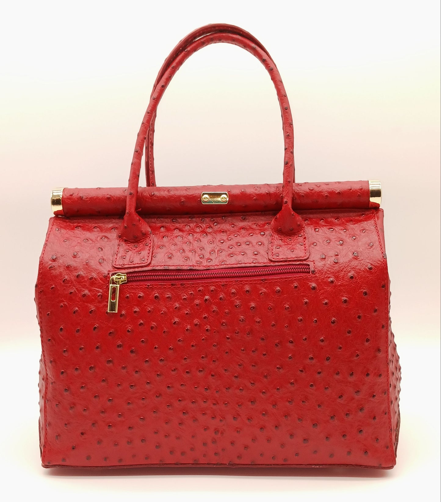 Lock & Key Genuine Ostrich Embossed Leather Handbag Satchel - Red – Made In Italy