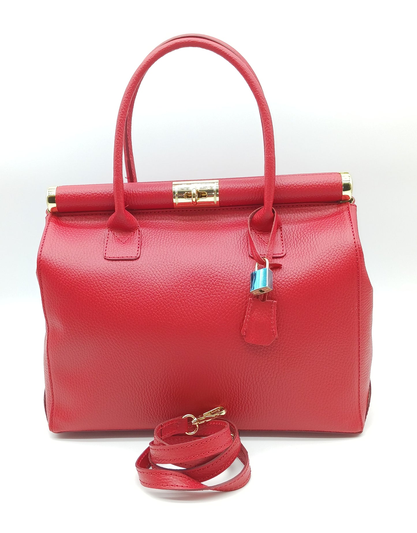 Lock & Key Genuine Pebble Leather Handbag Satchel - Red – Made In Italy