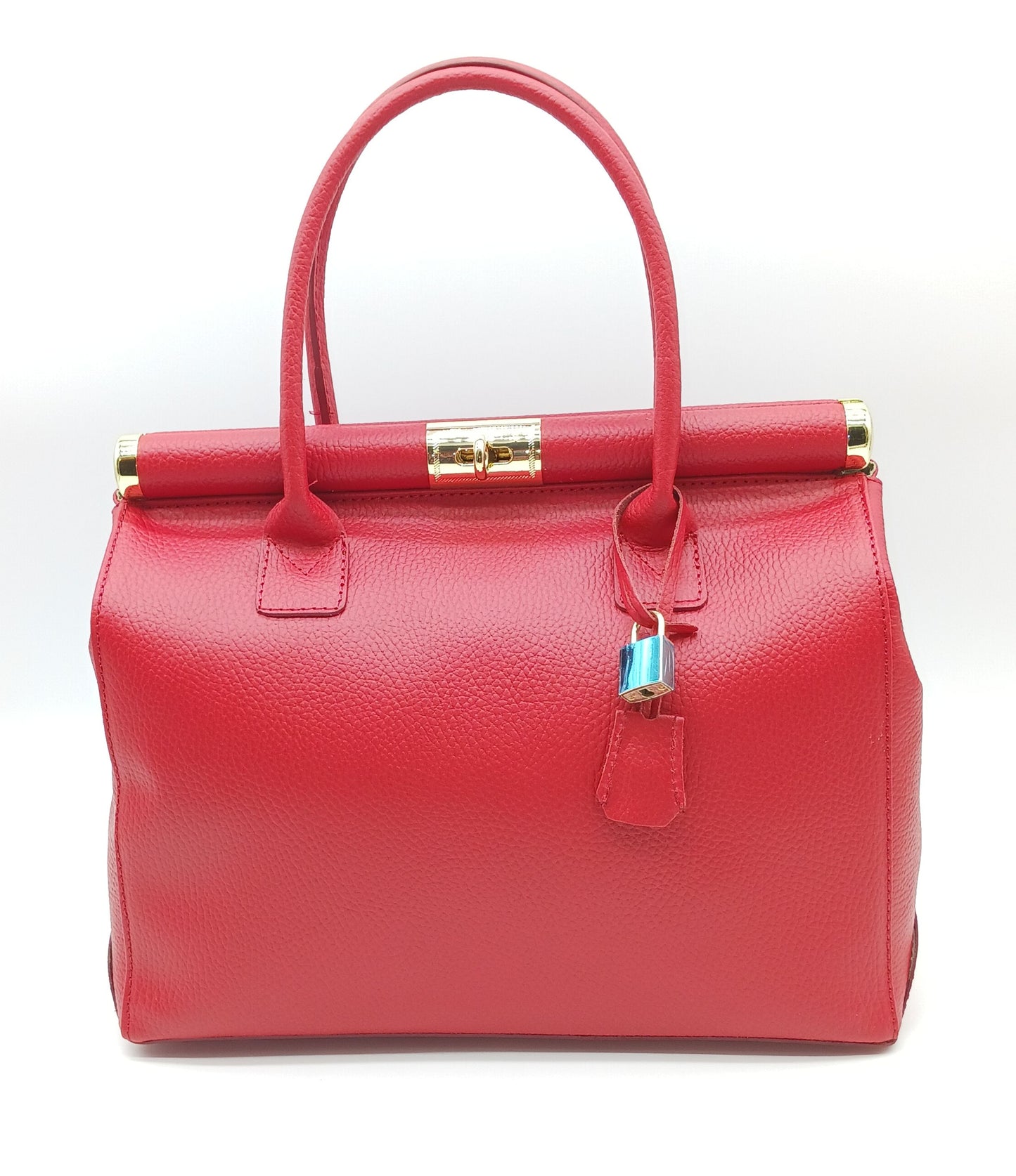 Lock & Key Genuine Pebble Leather Handbag Satchel - Red – Made In Italy