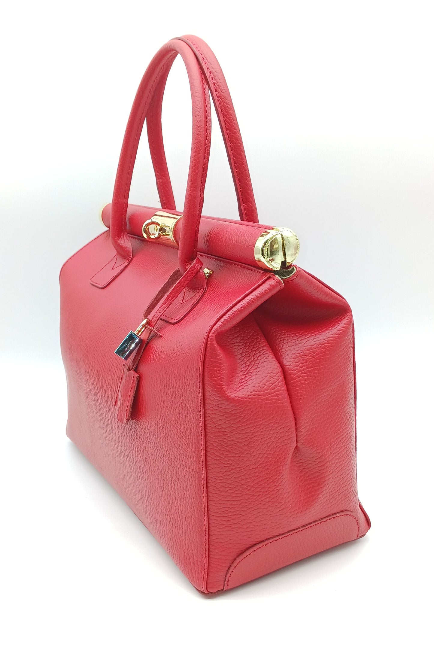 Lock & Key Genuine Pebble Leather Handbag Satchel - Red – Made In Italy