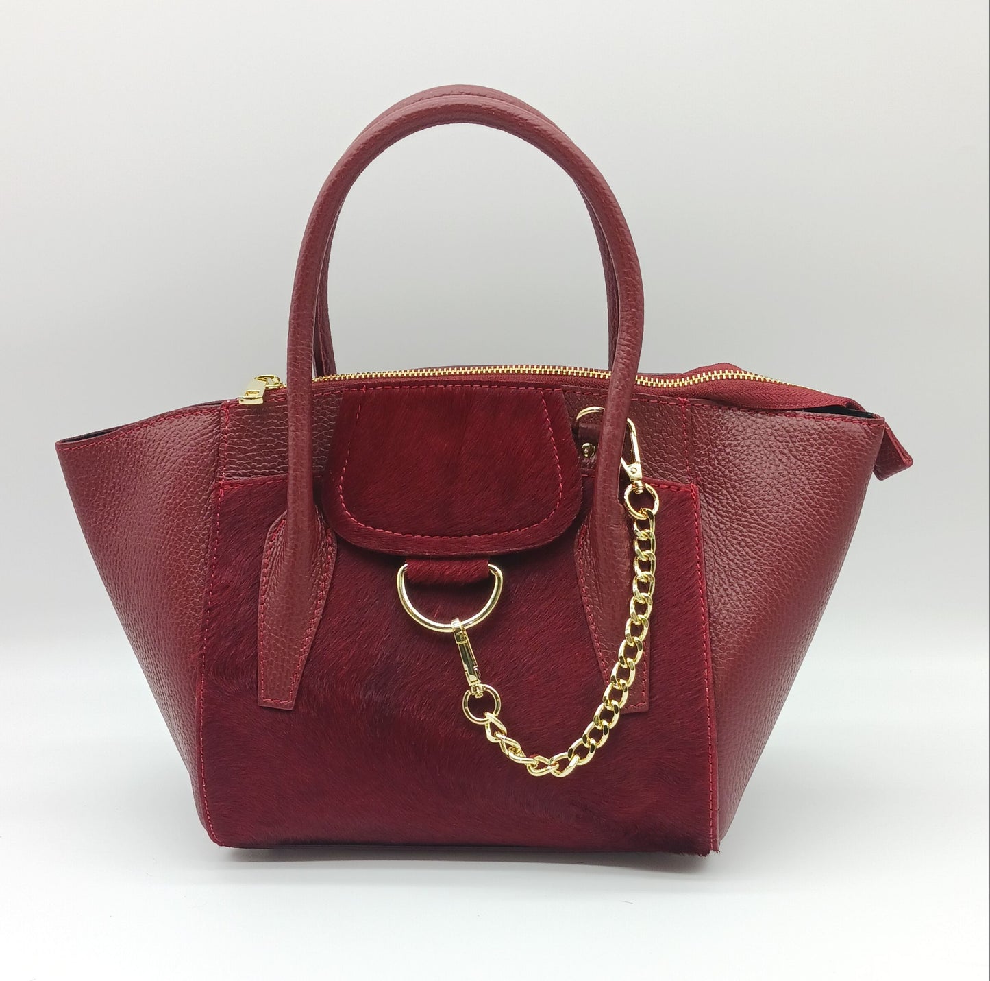 Red Genuine Leather Fur Satchel - Made In Italy