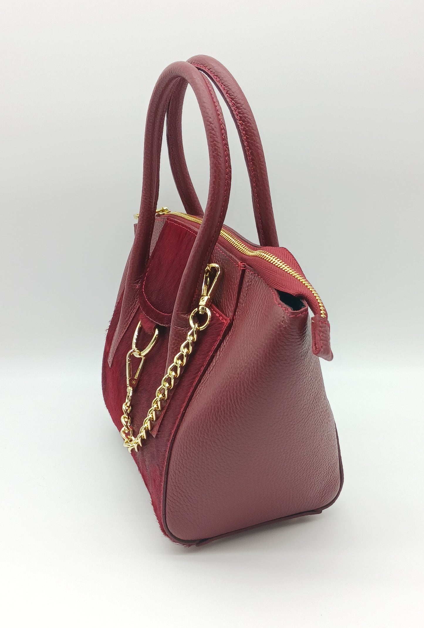 Red Genuine Leather Fur Satchel - Made In Italy