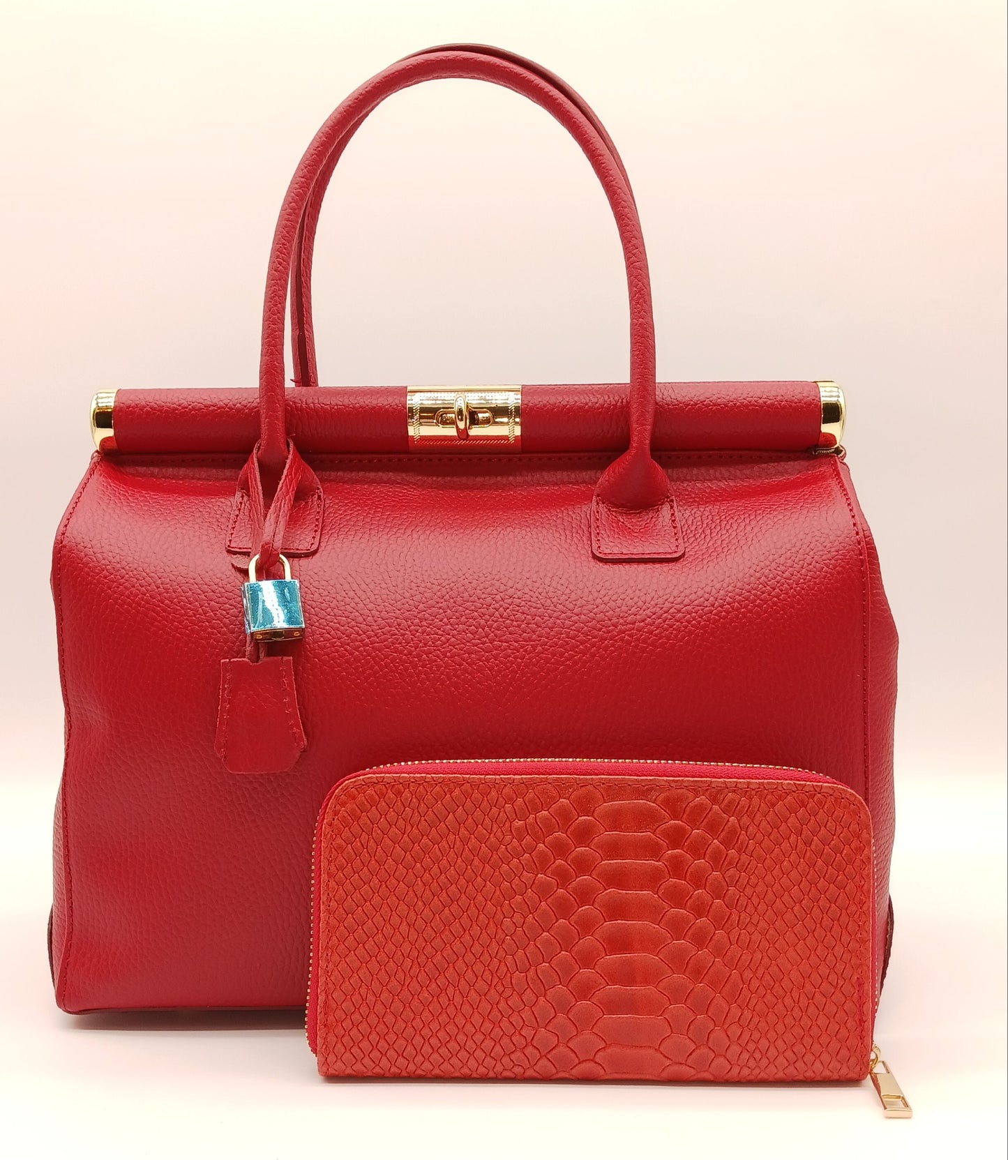 Genuine Snake Embossed Leather Zip Wallet – Made In Italy - Red
