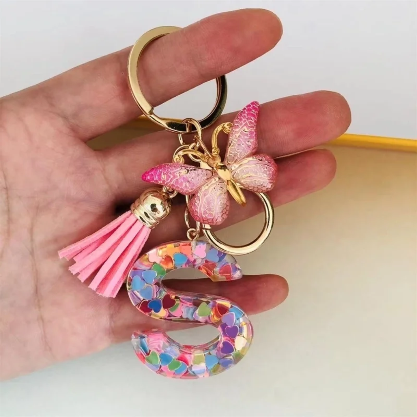 Pink Personalized Resin Alphabet Initial Tassel Butterfly Keychain Bag Charm