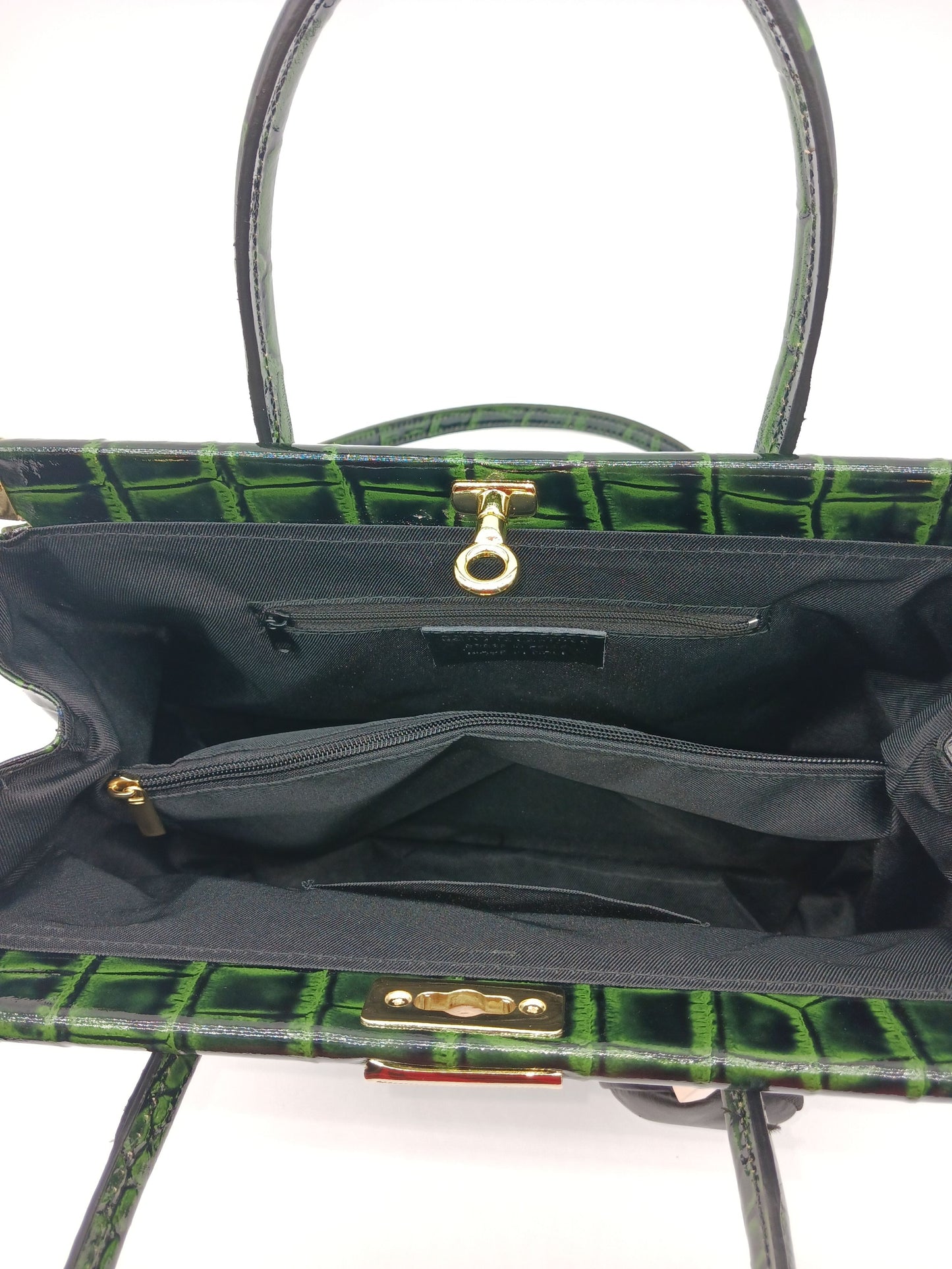 Lock & Key Shiny Croc Embossed Genuine Leather Handbag Satchel – Made In Italy - Dark Blue