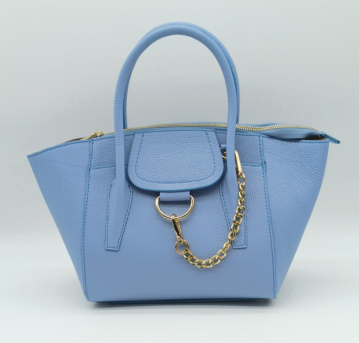 Sky Blue Genuine Pebble Leather Satchel Shoulder Handbag – Made In Italy