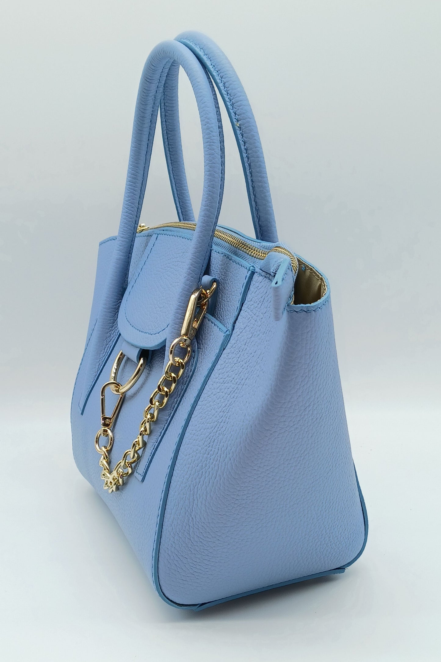 Sky Blue Genuine Pebble Leather Satchel Shoulder Handbag – Made In Italy