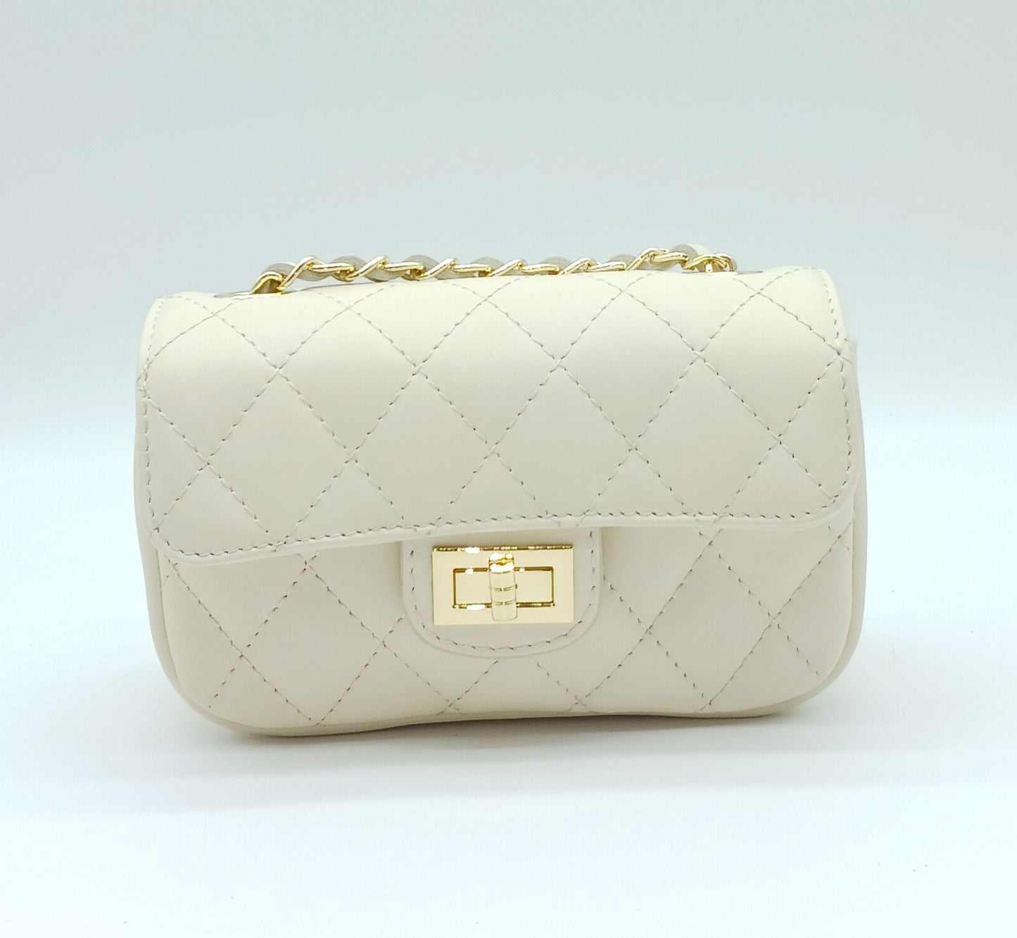 Genuine Leather Quilted Handbag (Small) – Made In Italy - Beige