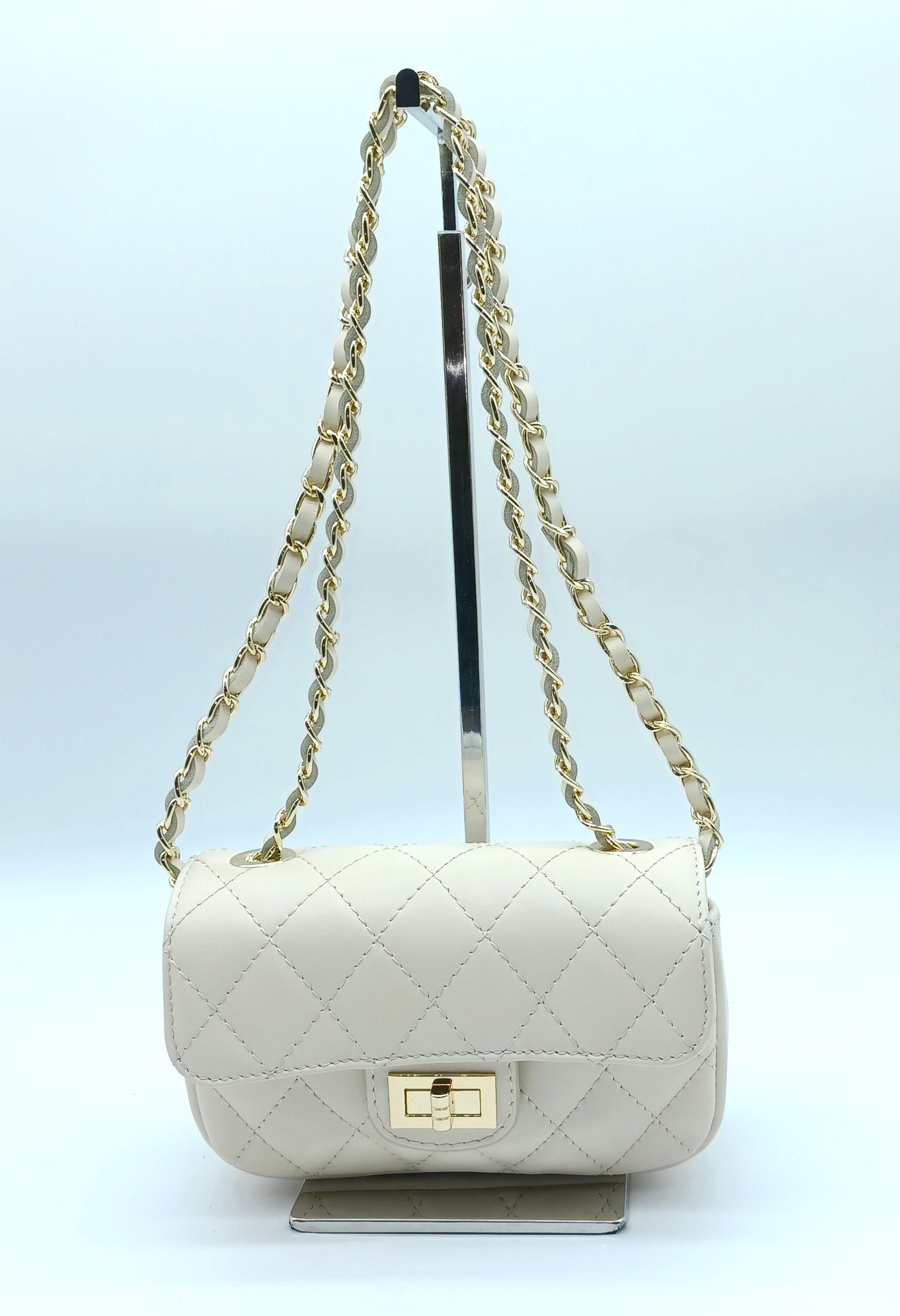 Genuine Leather Quilted Handbag (Small) – Made In Italy - Beige