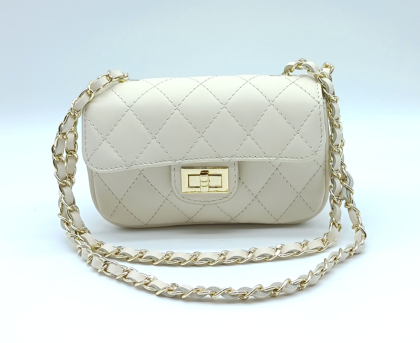 Genuine Leather Quilted Handbag (Small) – Made In Italy - Beige