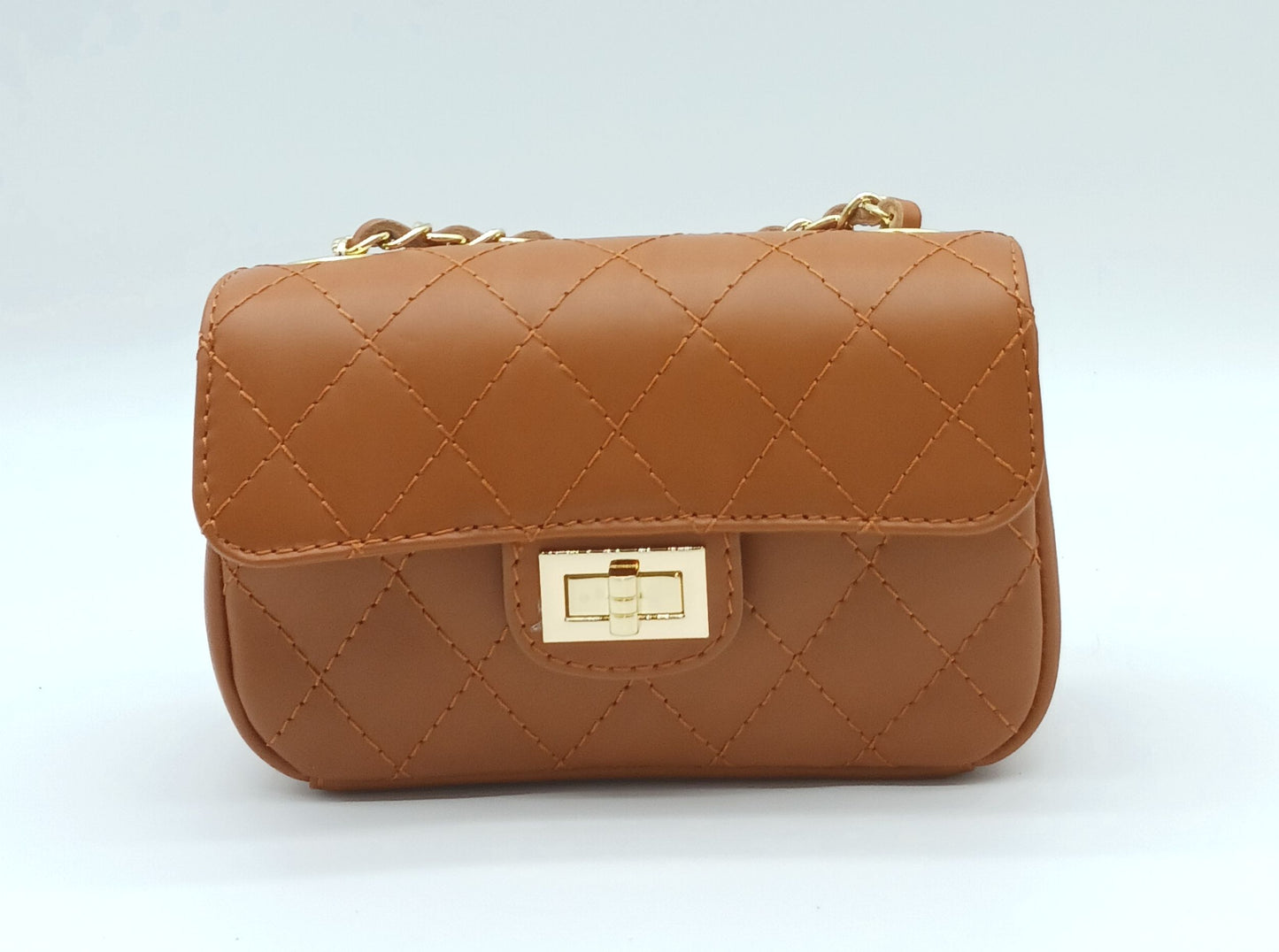 Genuine Leather Quilted Handbag (Small) – Made In Italy - Cognac Brown
