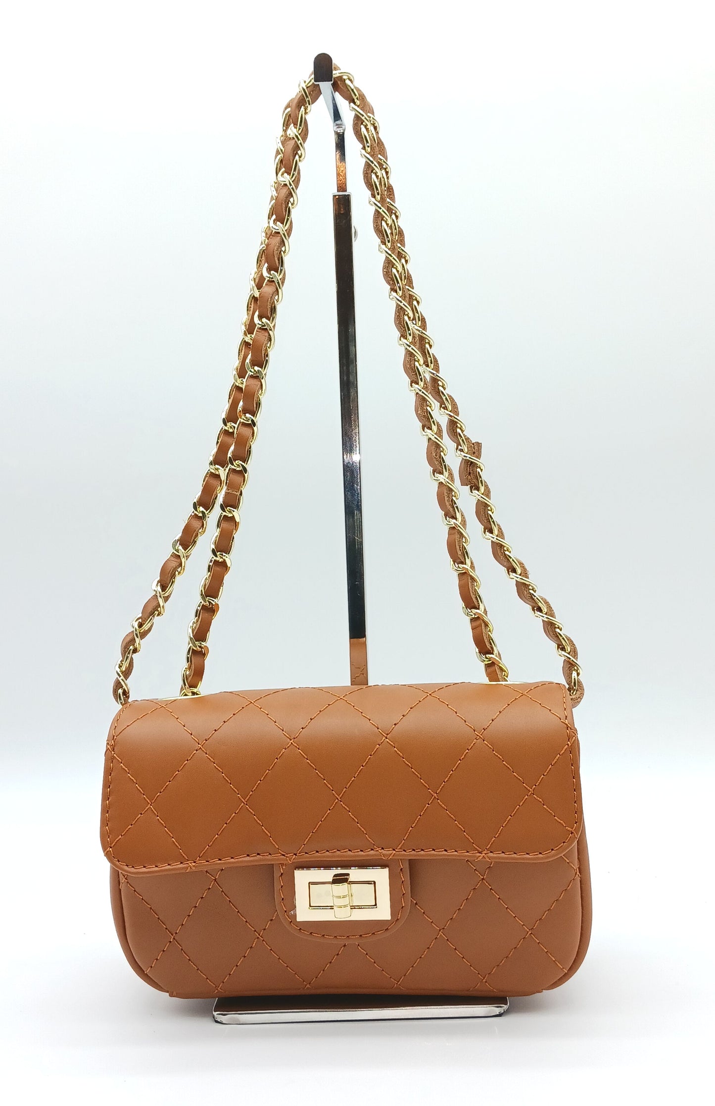 Genuine Leather Quilted Handbag (Small) – Made In Italy - Cognac Brown