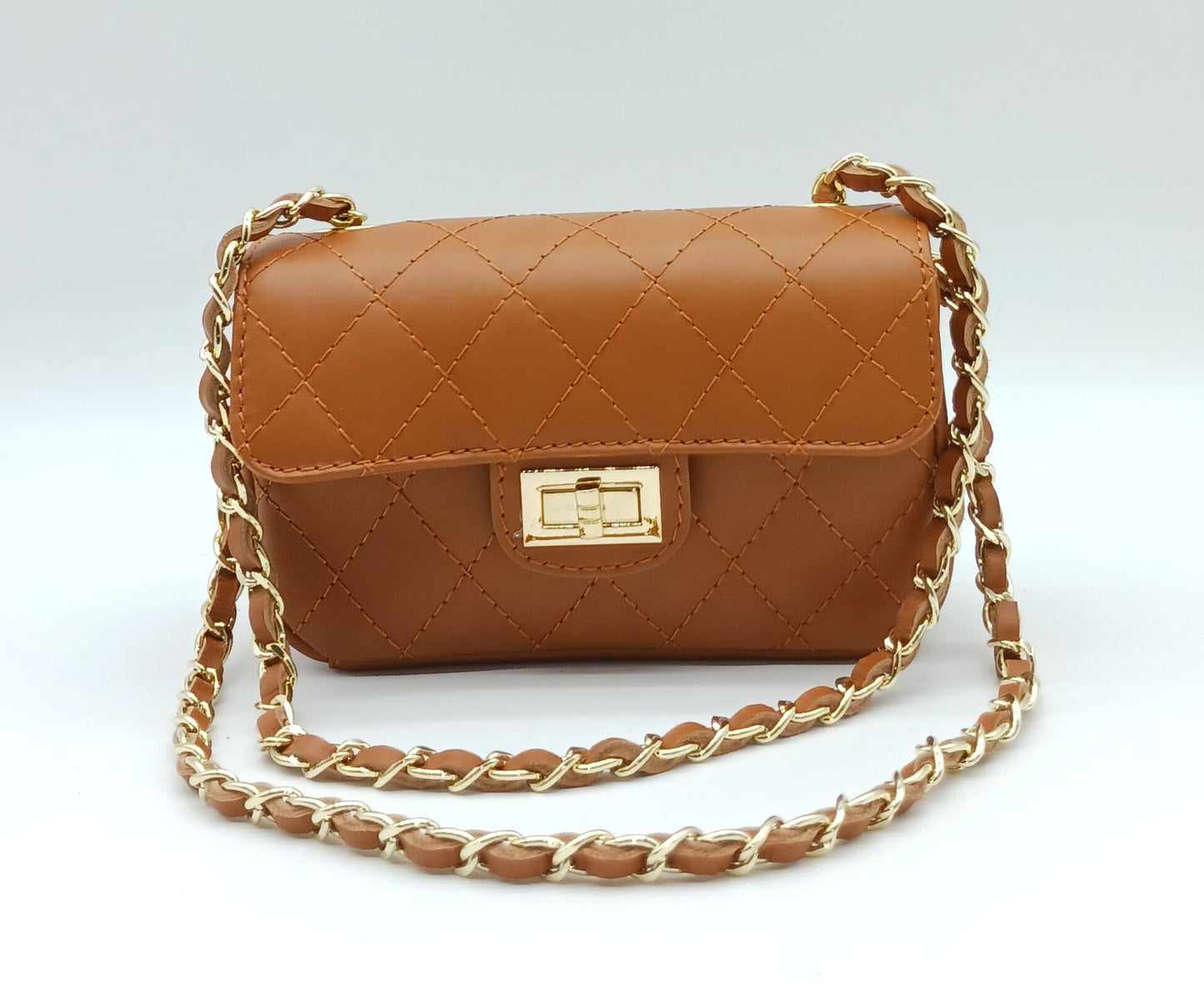 Genuine Leather Quilted Handbag (Small) – Made In Italy - Cognac Brown