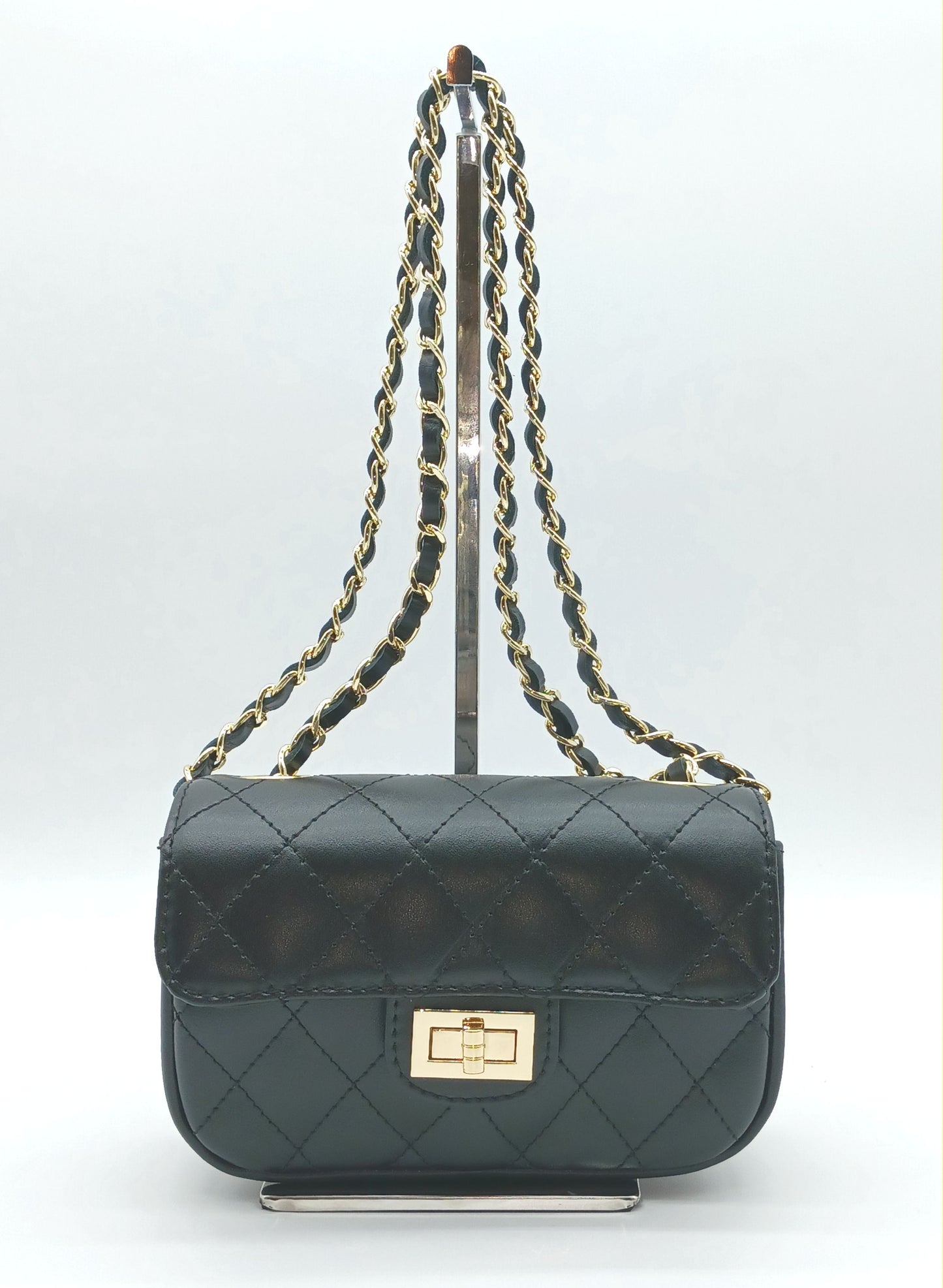 Genuine Leather Quilted Handbag (Small) – Made In Italy - Black
