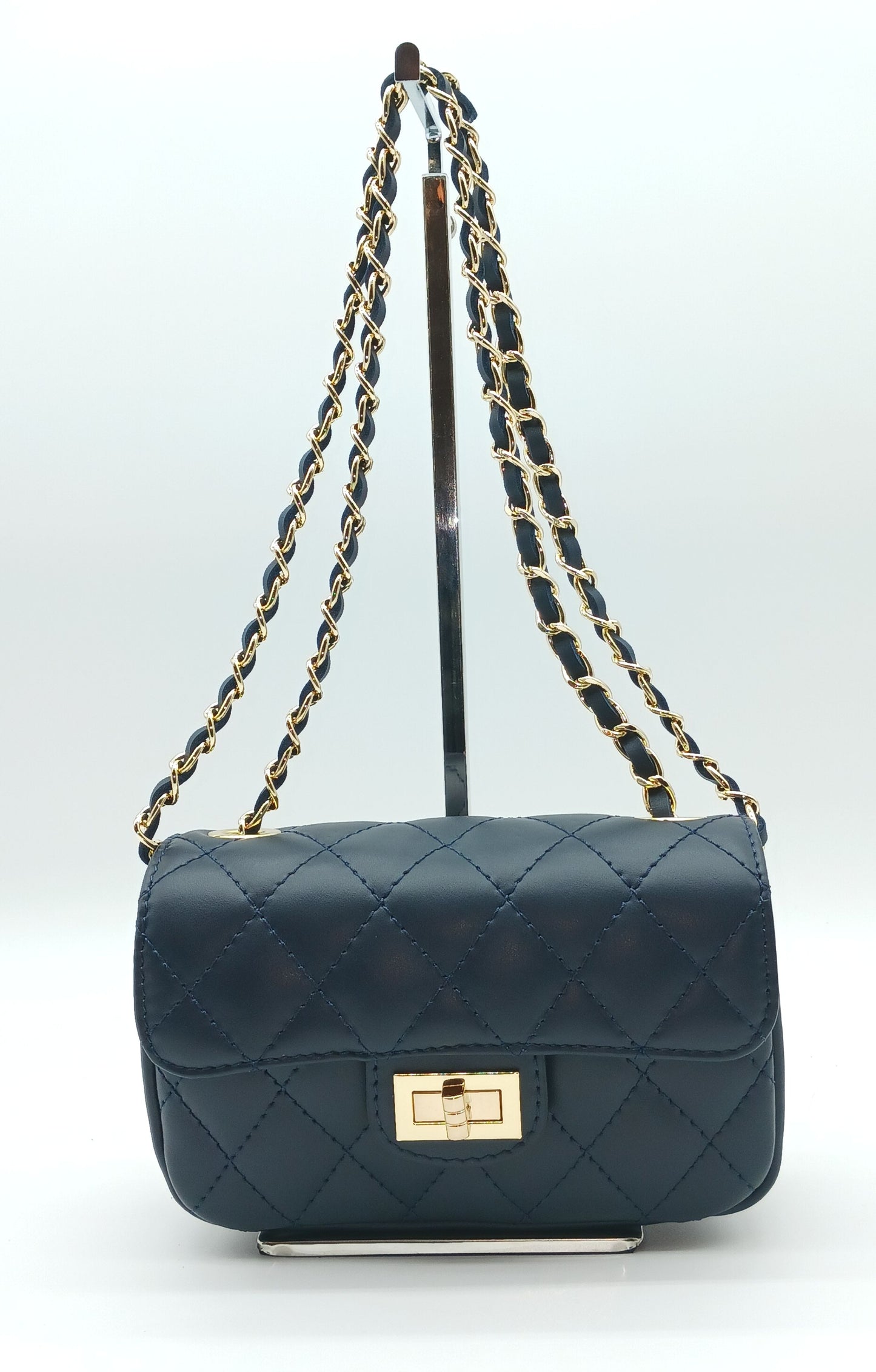 Genuine Leather Quilted Handbag (Small) – Made In Italy - Dark Blue