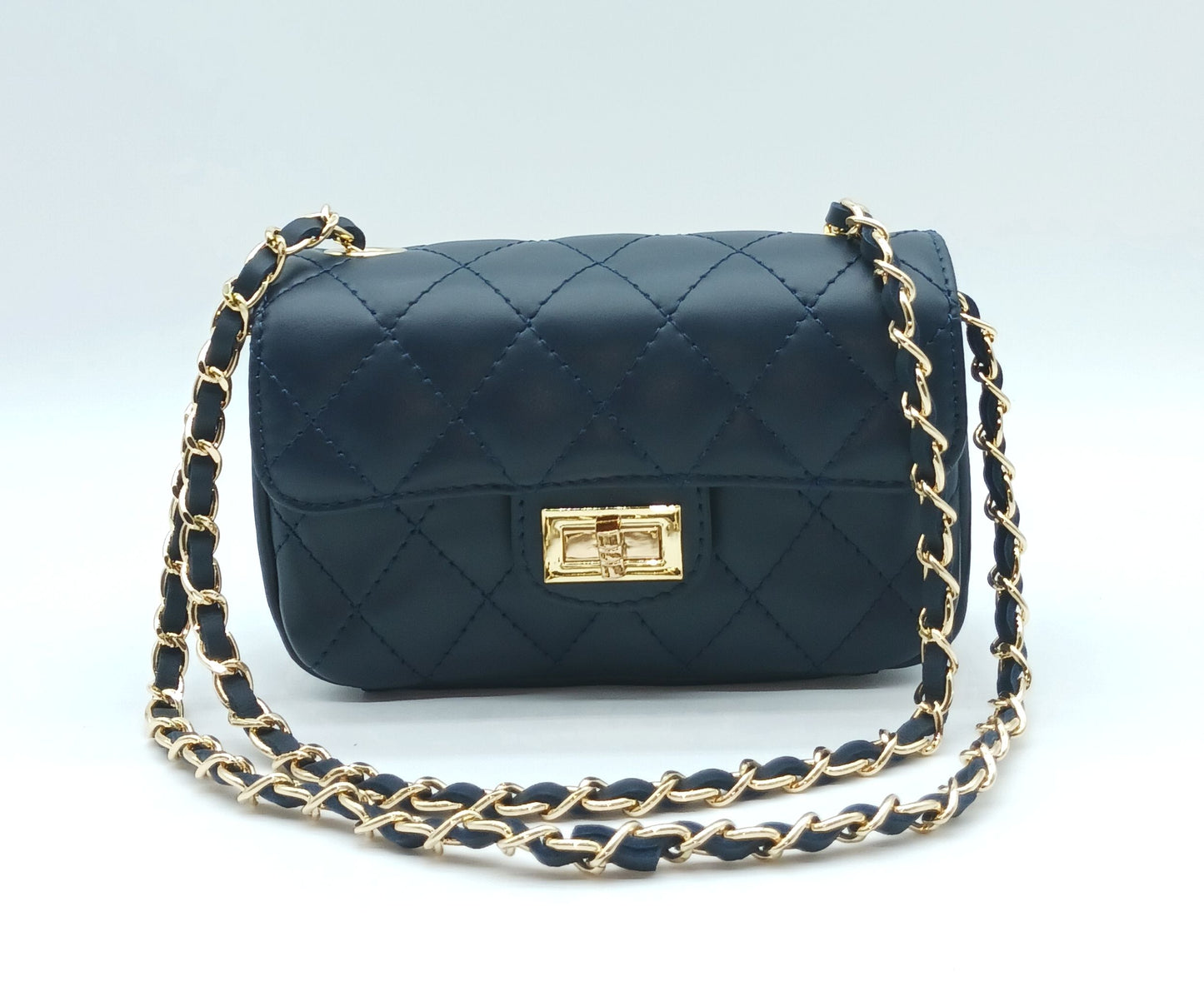 Genuine Leather Quilted Handbag (Small) – Made In Italy - Dark Blue