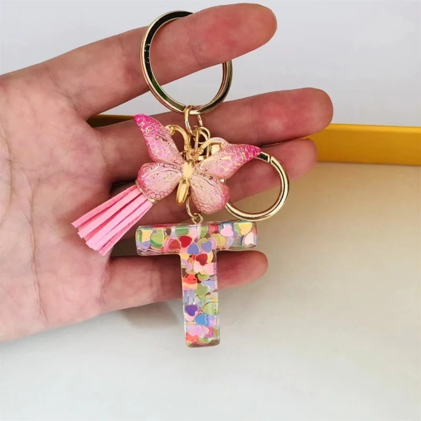 Pink Personalized Resin Alphabet Initial Tassel Butterfly Keychain Bag Charm
