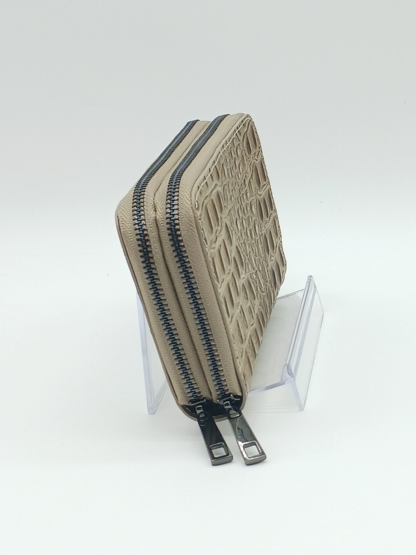 Genuine Croc Embossed Leather Double Zip Wallet – Made In Italy - Taupe