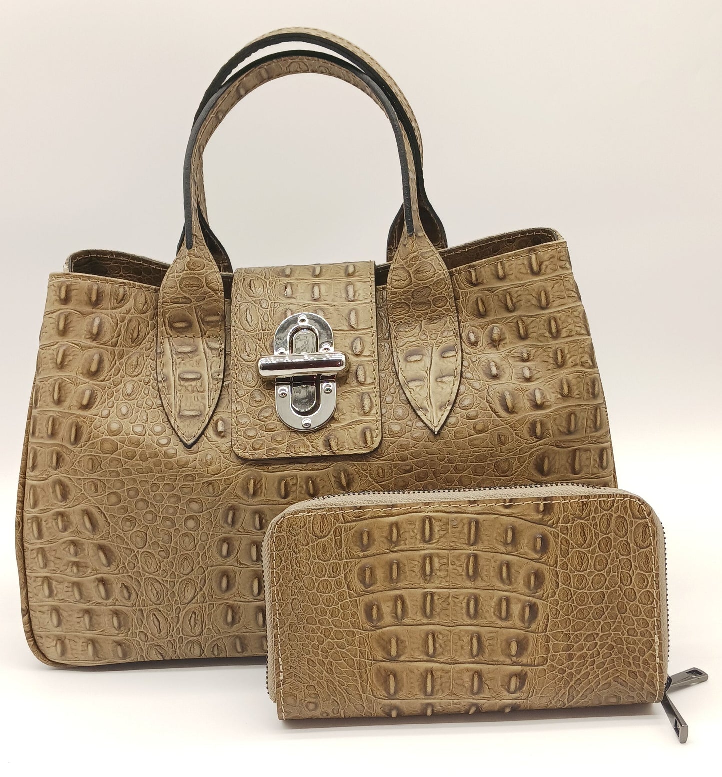Genuine Croc Embossed Leather Double Zip Wallet – Made In Italy - Taupe