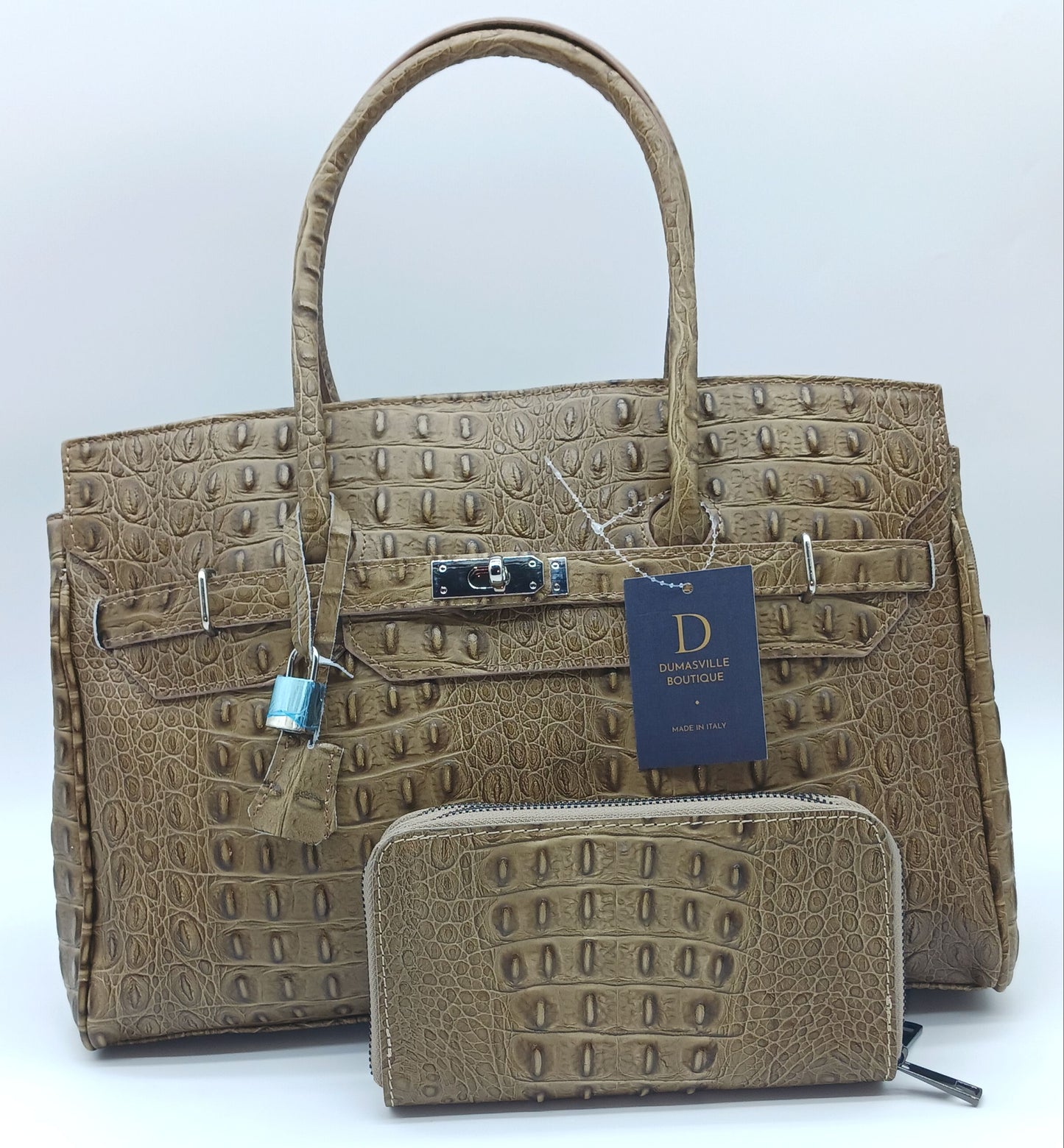 Genuine Croc Embossed Leather Double Zip Wallet – Made In Italy - Taupe