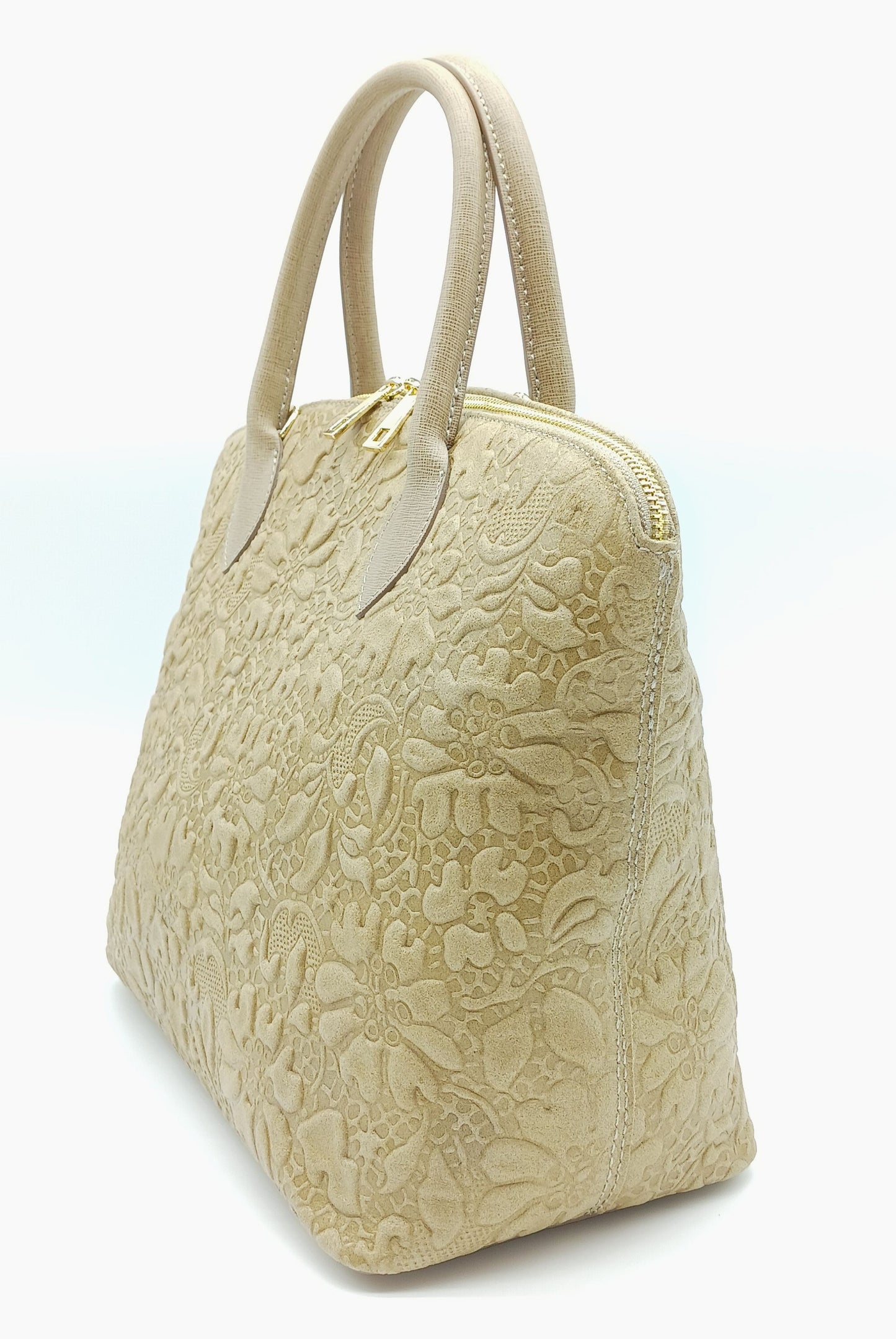 Taupe Genuine Leather Floral Embossed Handbag Satchel – Made In Italy
