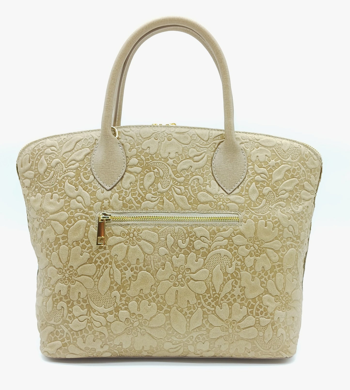 Taupe Genuine Leather Floral Embossed Handbag Satchel – Made In Italy