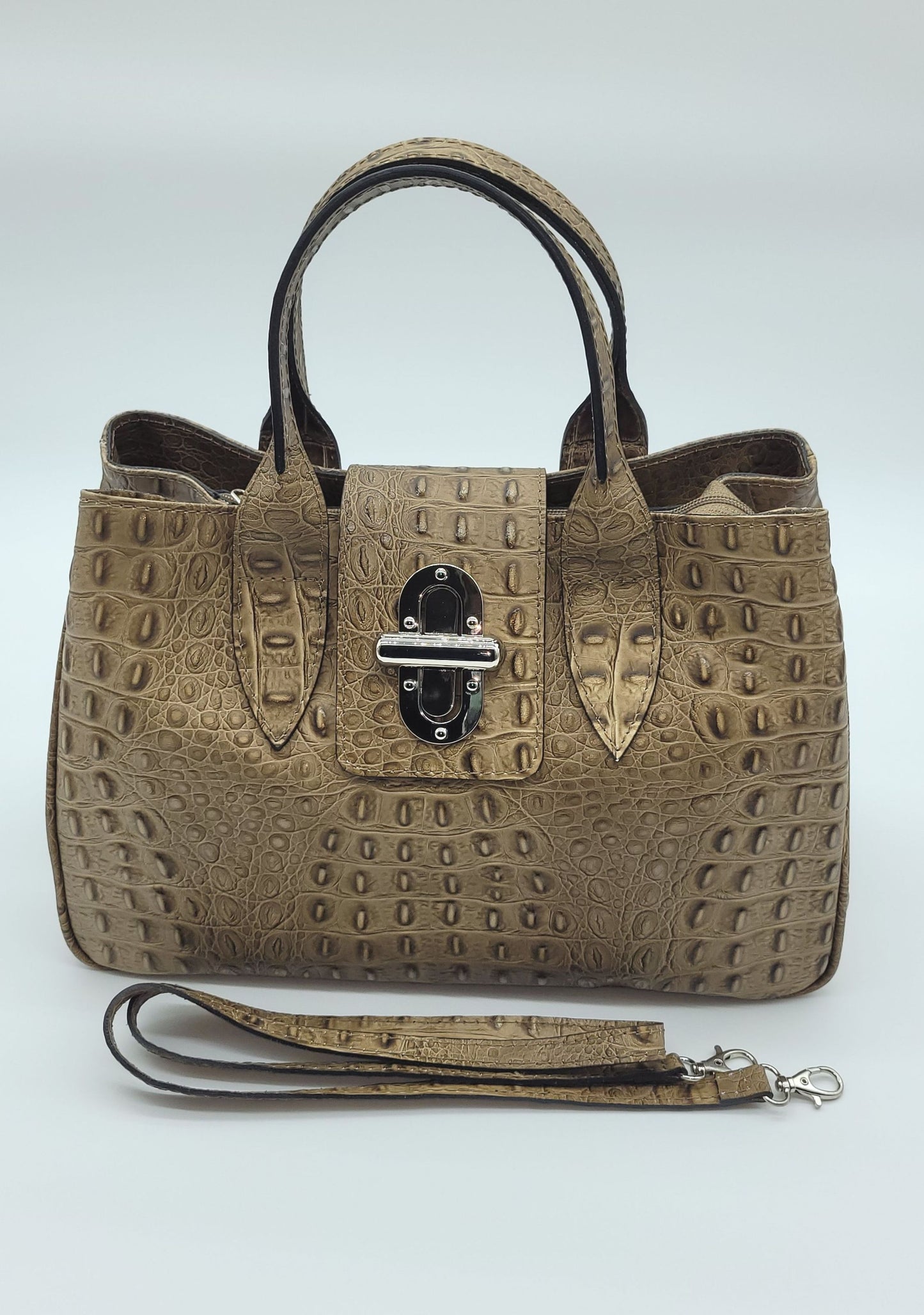Genuine Leather Croc Embossed Satchel Handbag - Taupe – Made In Italy